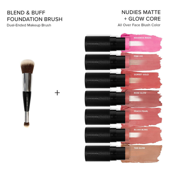 The Ultimate Blush & Glow Set flat lay with texture swatches