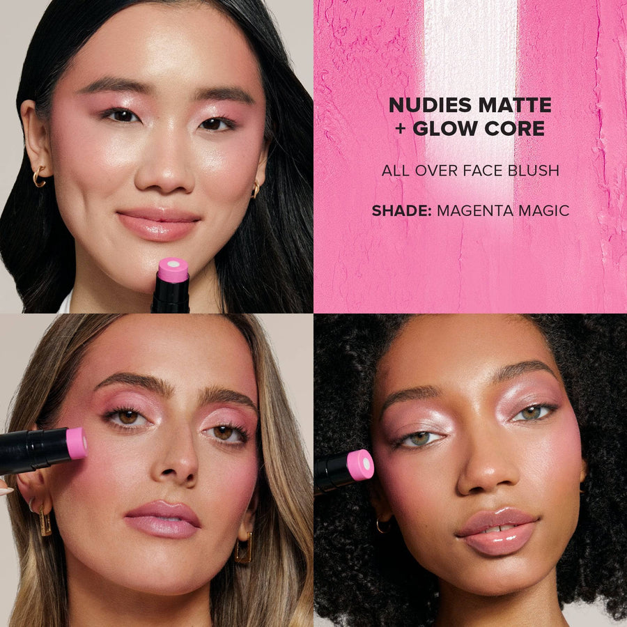Grid with three young women wearing Nudies Matte Glow Core in shade Magenta Magic