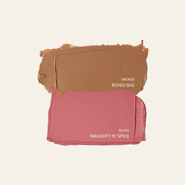 texture swatches of bronzer in shade Bondi Bae and blush in shade Naughty N' Spice