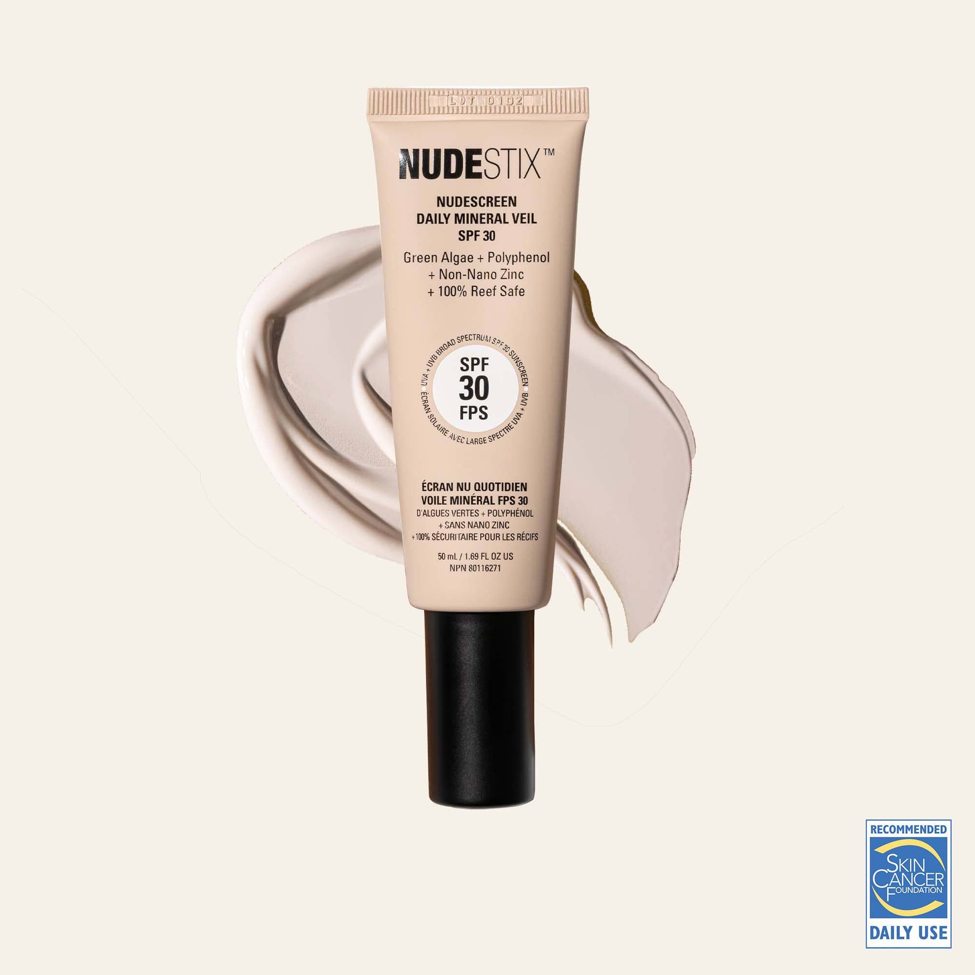 Nudescreen Daily Mineral Veil SPF Moisturizer in shade cool with texture swatch