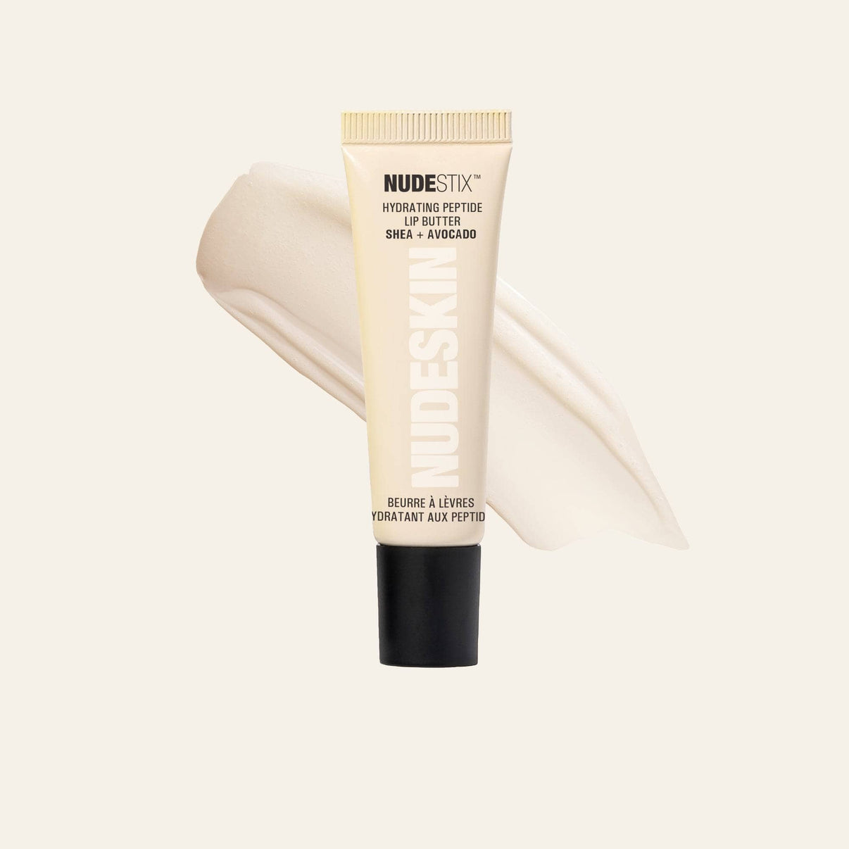 hydrating peptide lip butter clear gloss product image with swatch in background