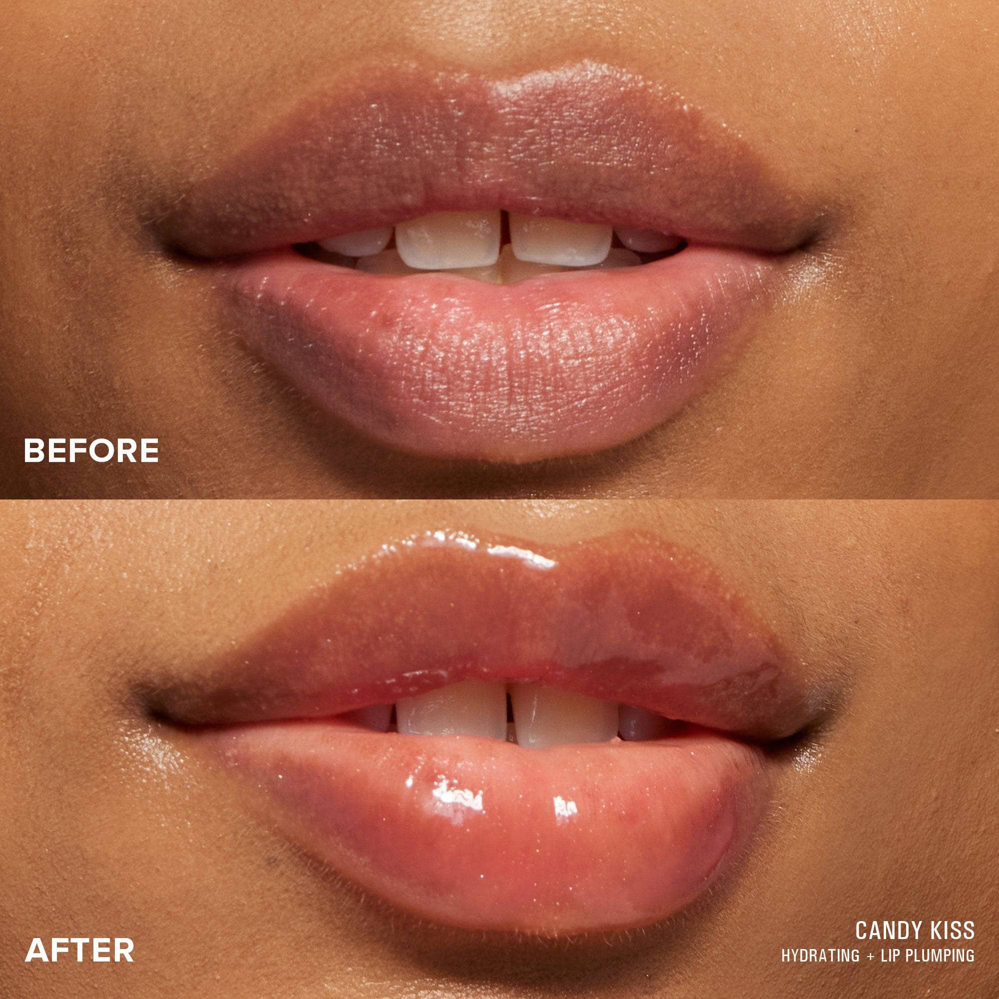 Lips before and after wearing Hydra-Peptide Lip Butter in shade Candy Kiss