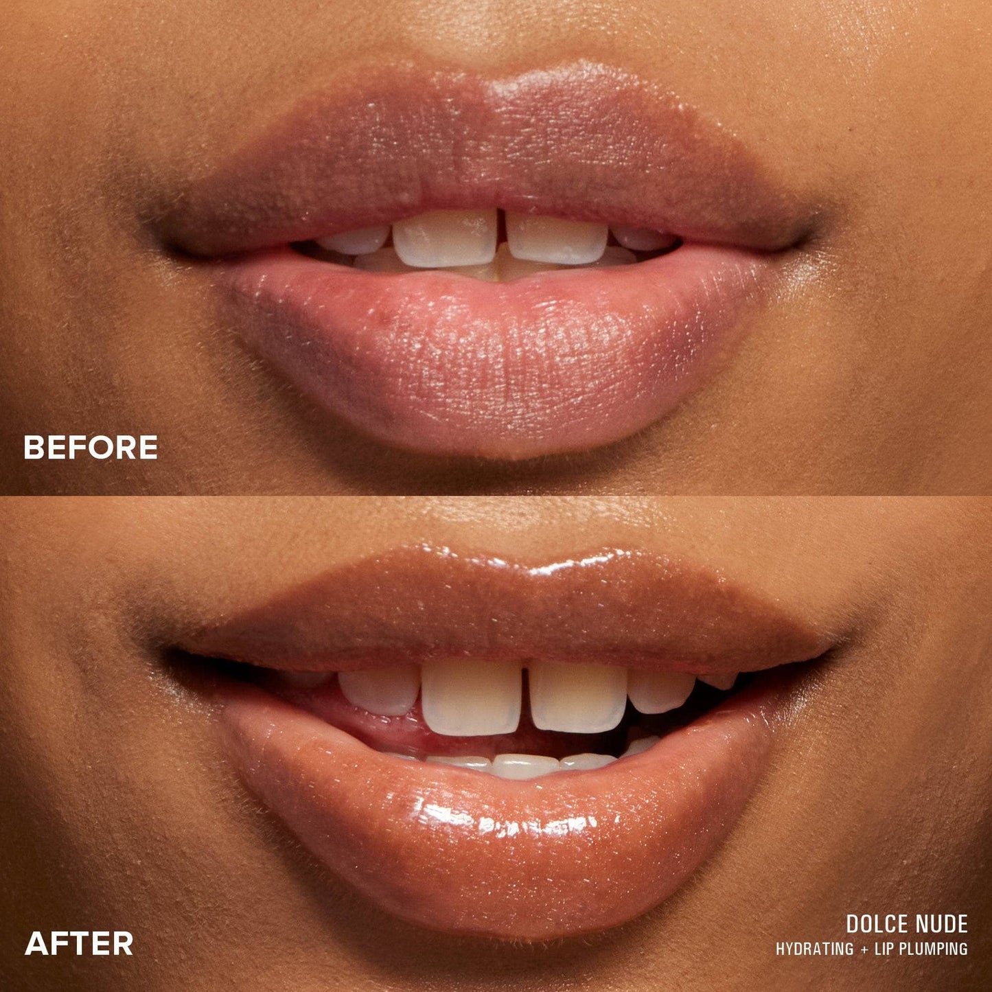 Lips before and after applying Hydra-Peptide Lip Butter in shade Dolce Nude