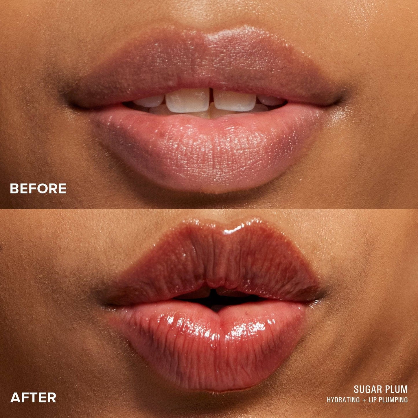 Lips before and after wearing Hydra-Peptide Lip Butter in shade Sugar Plum