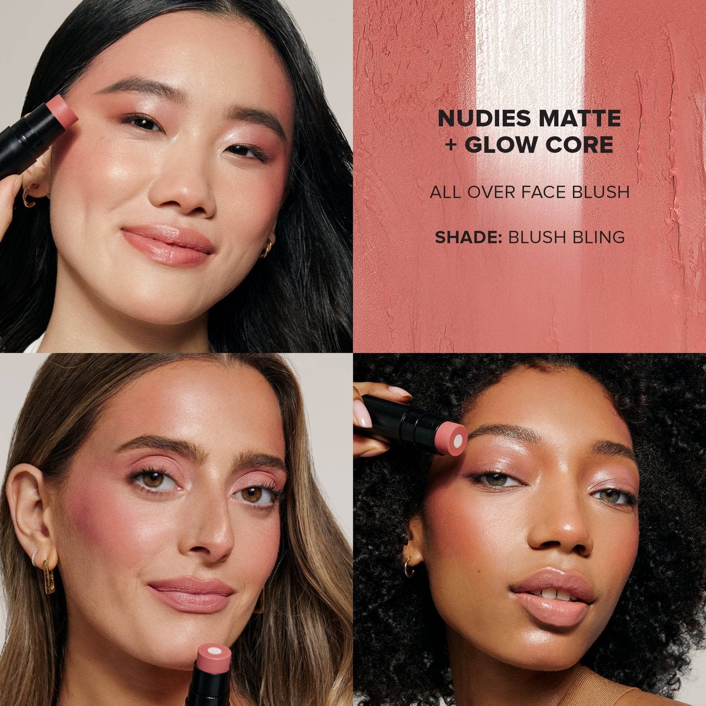 Grid with three young women wearing Nudies Matte Glow Core in shade Blush Bling