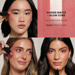 Grid with three young women wearing Nudies Matte Glow Core in shade Peach Pearl
