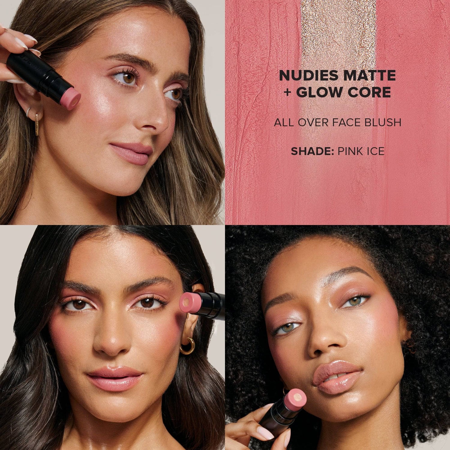 Grid with three young women wearing Nudies Matte Glow Core in shade Pink Ice