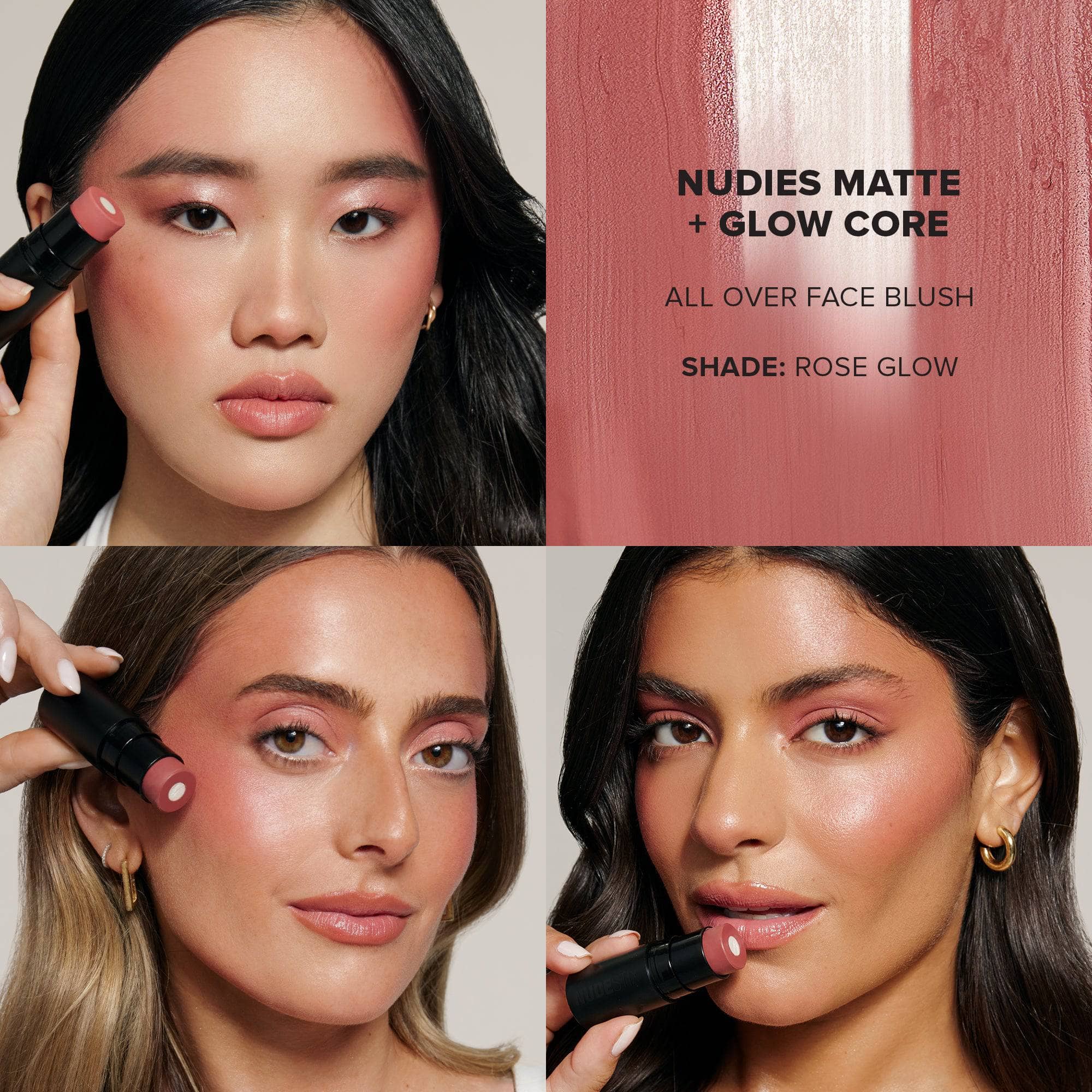 Grid with three young women wearing Nudies Matte Glow Core in shade Rose Glow