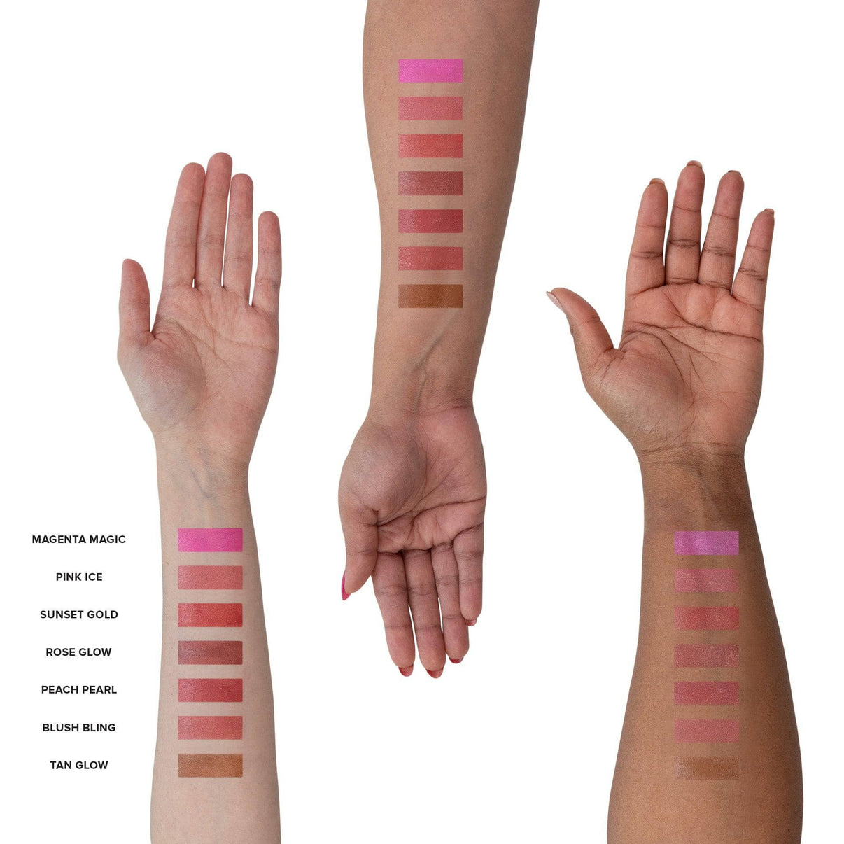 Arms with swatches of The Ultimate Blush & Glow Set