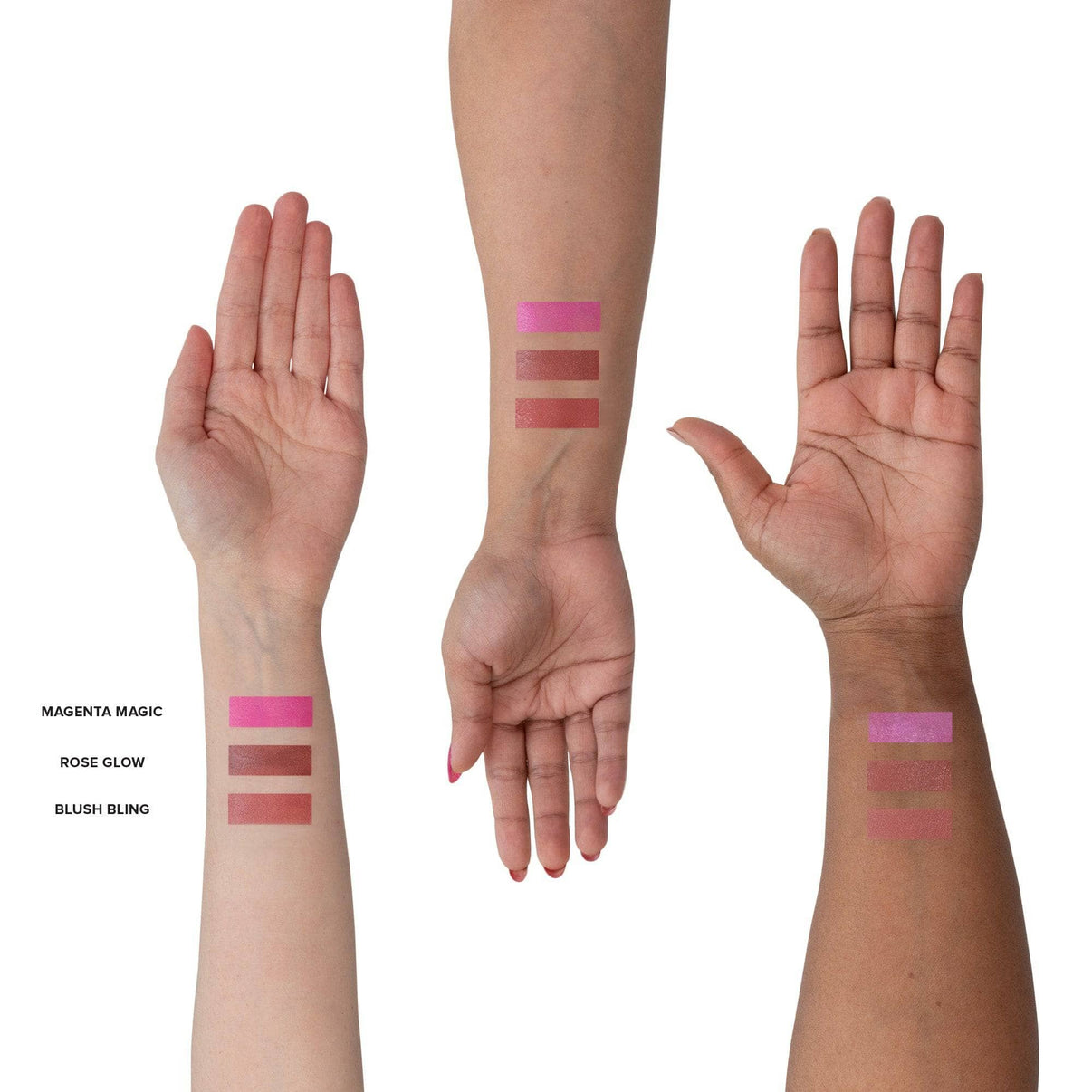Arms with swatches of Pink Blush & Glow Core Kit - 3