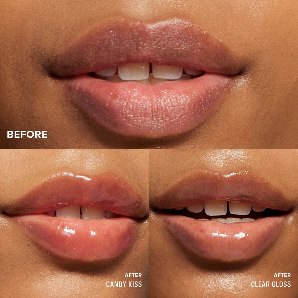 Lips before and after wearing Hydra Peptide Lip Butter Tint 2 Piece Kit