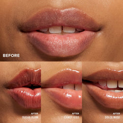 Lips before and after wearing Sugar Plum, Candy Kiss and Dolce Nude