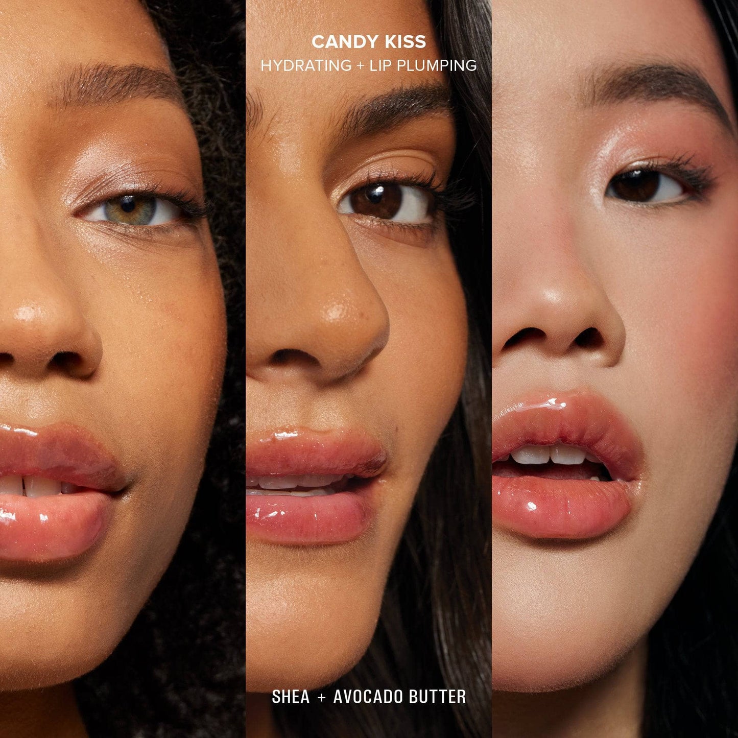 Three young women wearing Hydra-Peptide Lip Butter in shade Candy Kiss