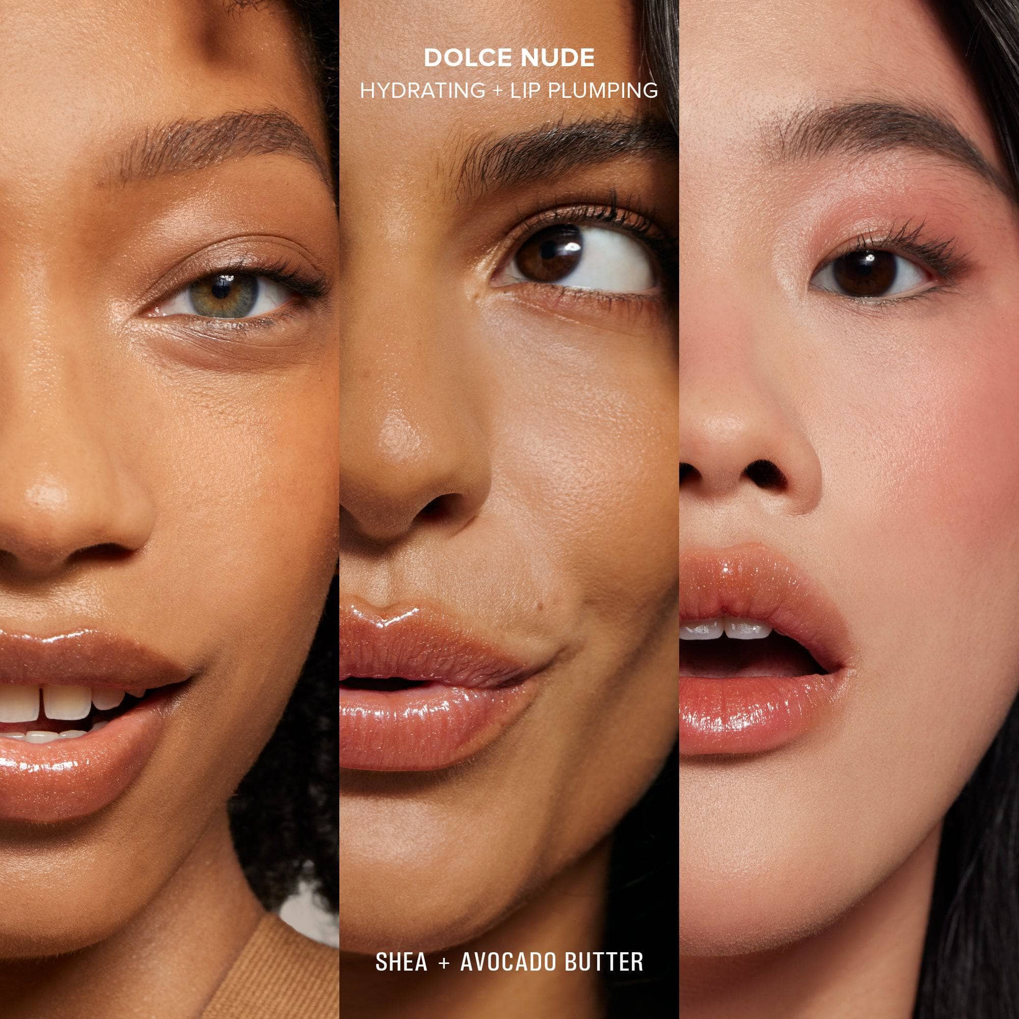 Three young women with different skin tones wearing Hydra-Peptide Lip Butter in shade Dolce Nude