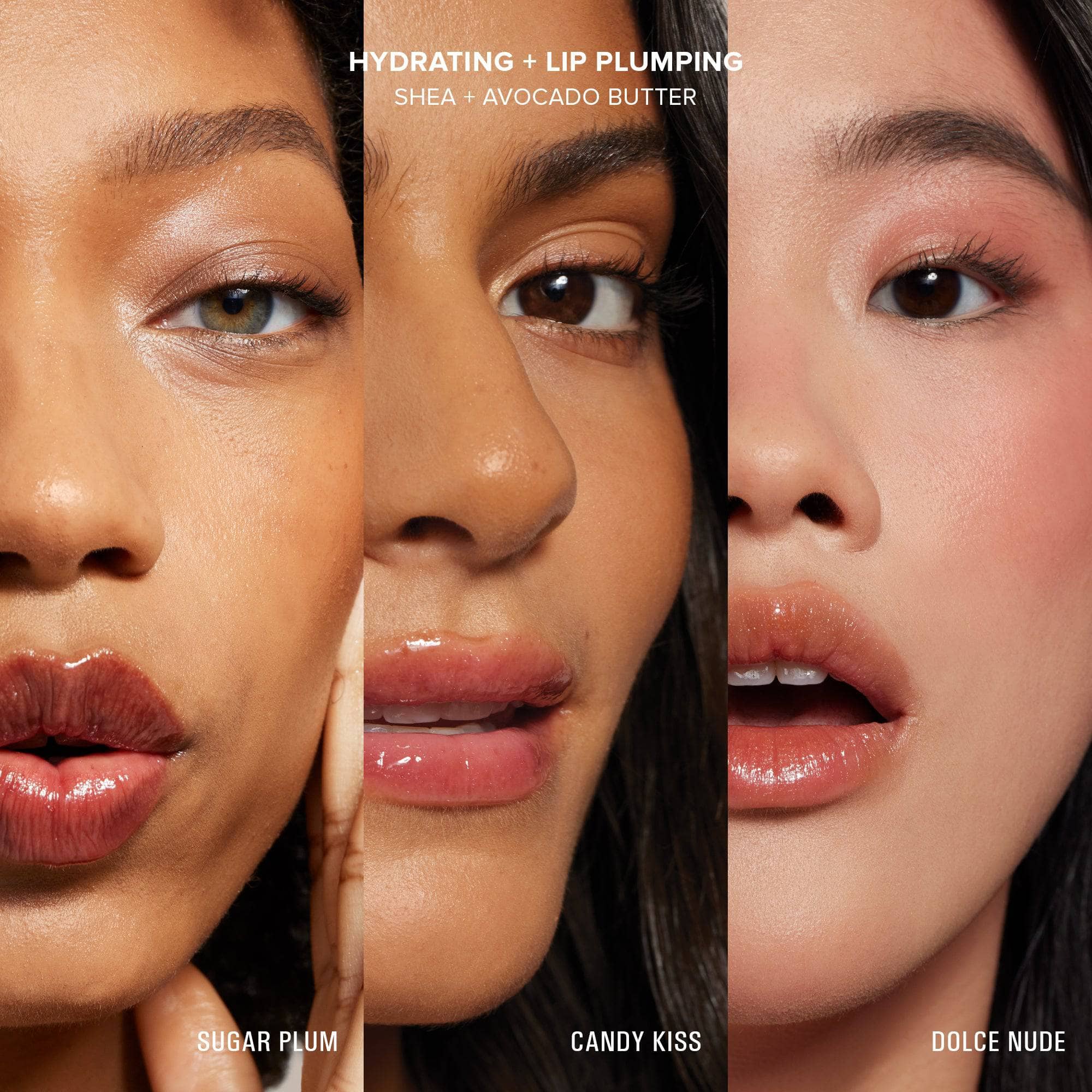 Three young women with different complexions wearing Sugar Plum, Candy Kiss and Dolce Nude