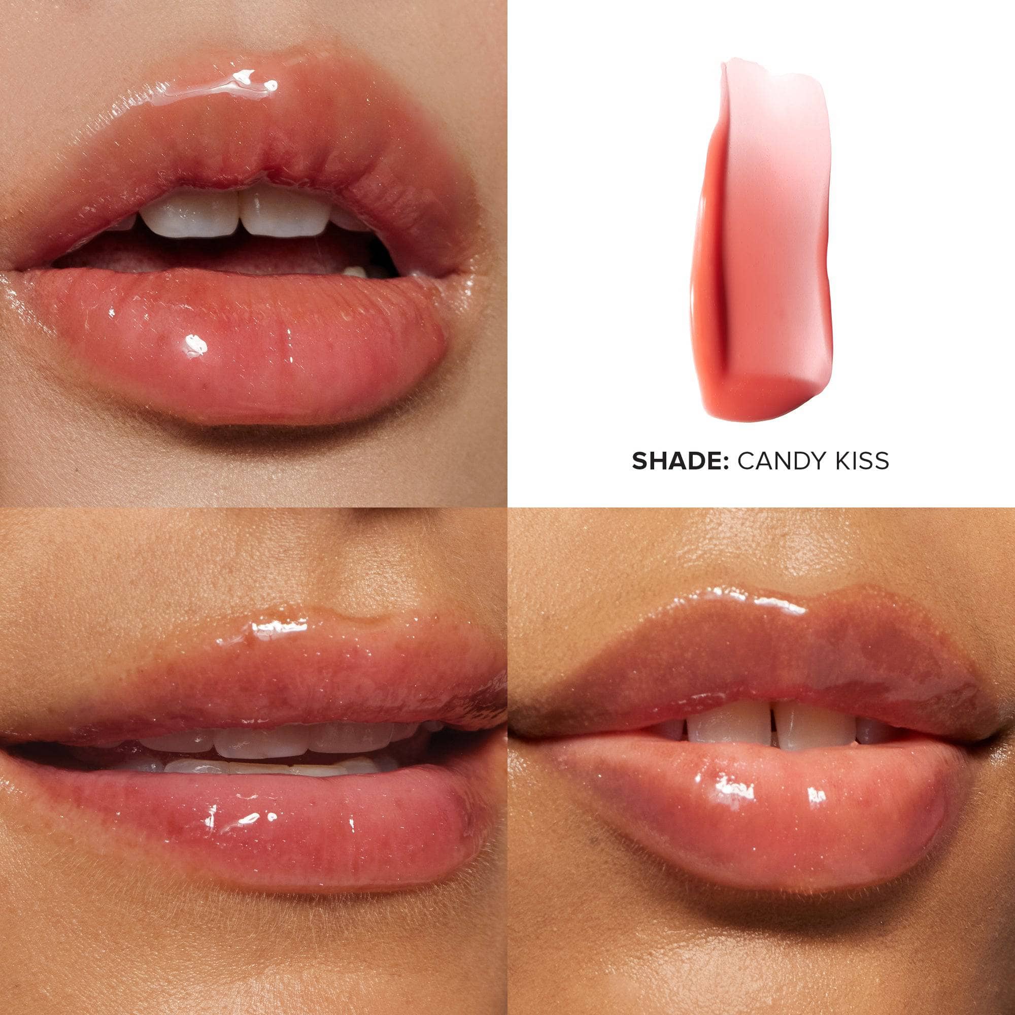 Three pairs of lips wearing Hydra-Peptide Lip Butter in shade Candy Kiss and texture swatch