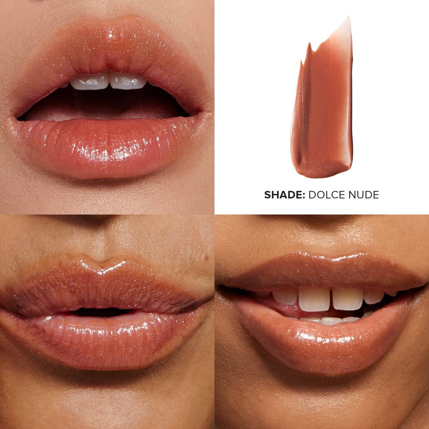 Three pairs of lips wearing Hydra-Peptide Lip Butter in shade Dolce Nude and a texture swatch