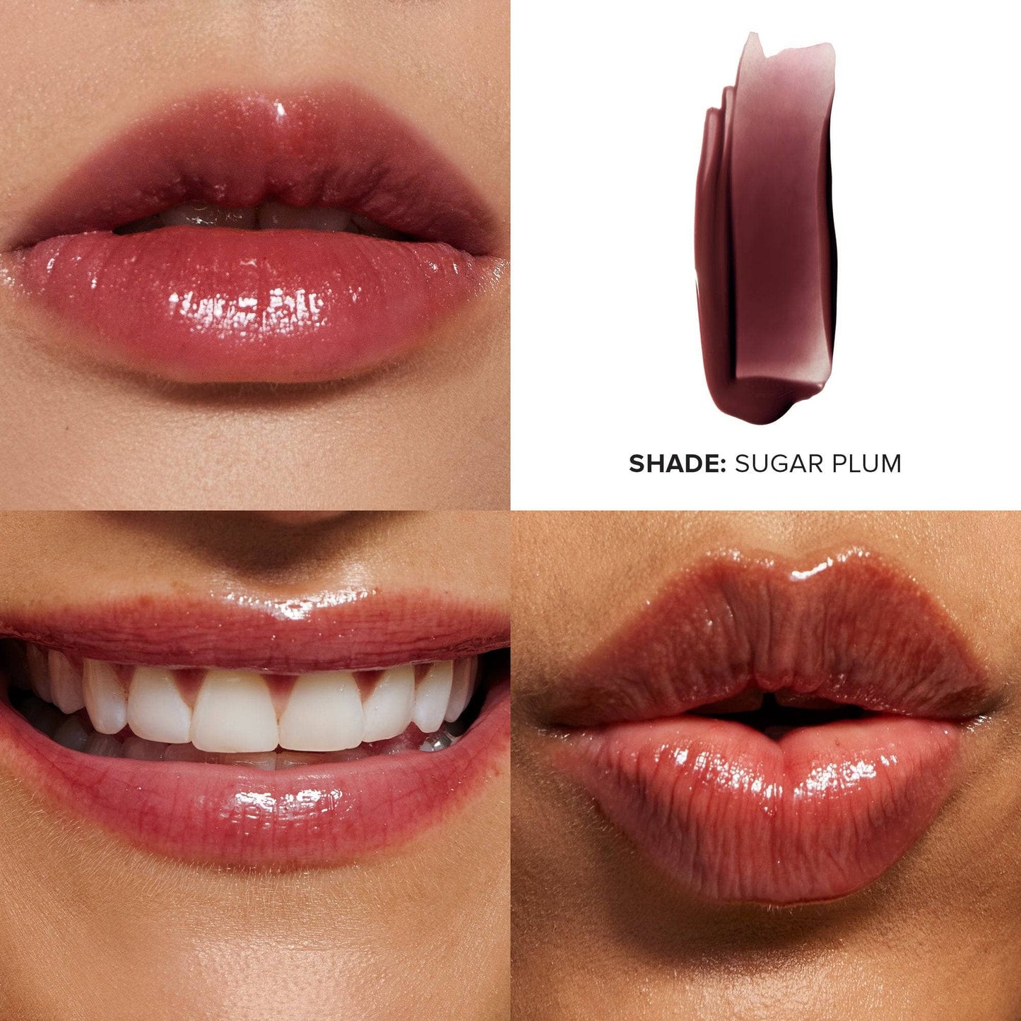 Three pairs of lips wearing Hydra-Peptide Lip Butter in shade Sugar Plum and texture swatch