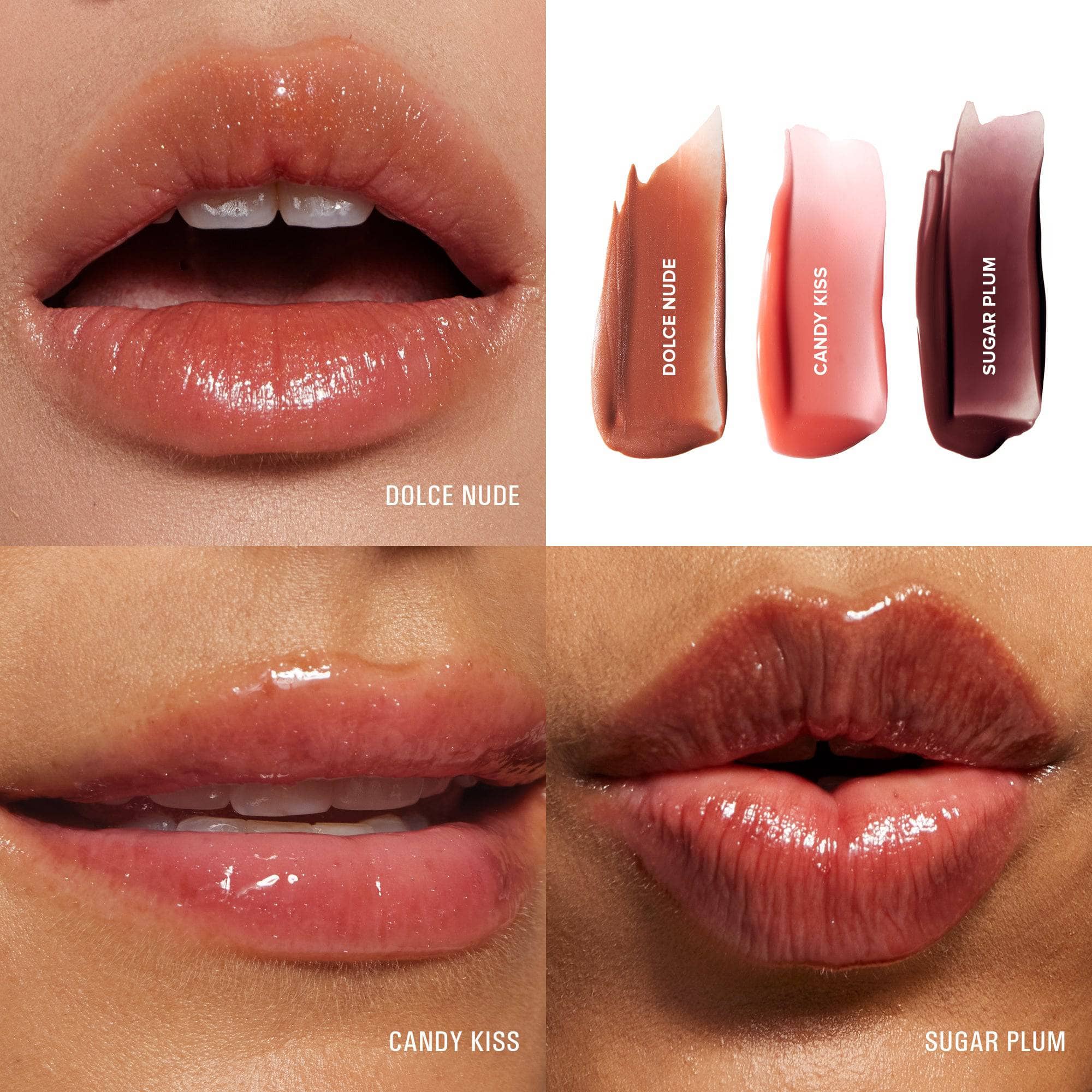 Three sets of lips wearing Hydra Peptide Lip Butter and texture swatches