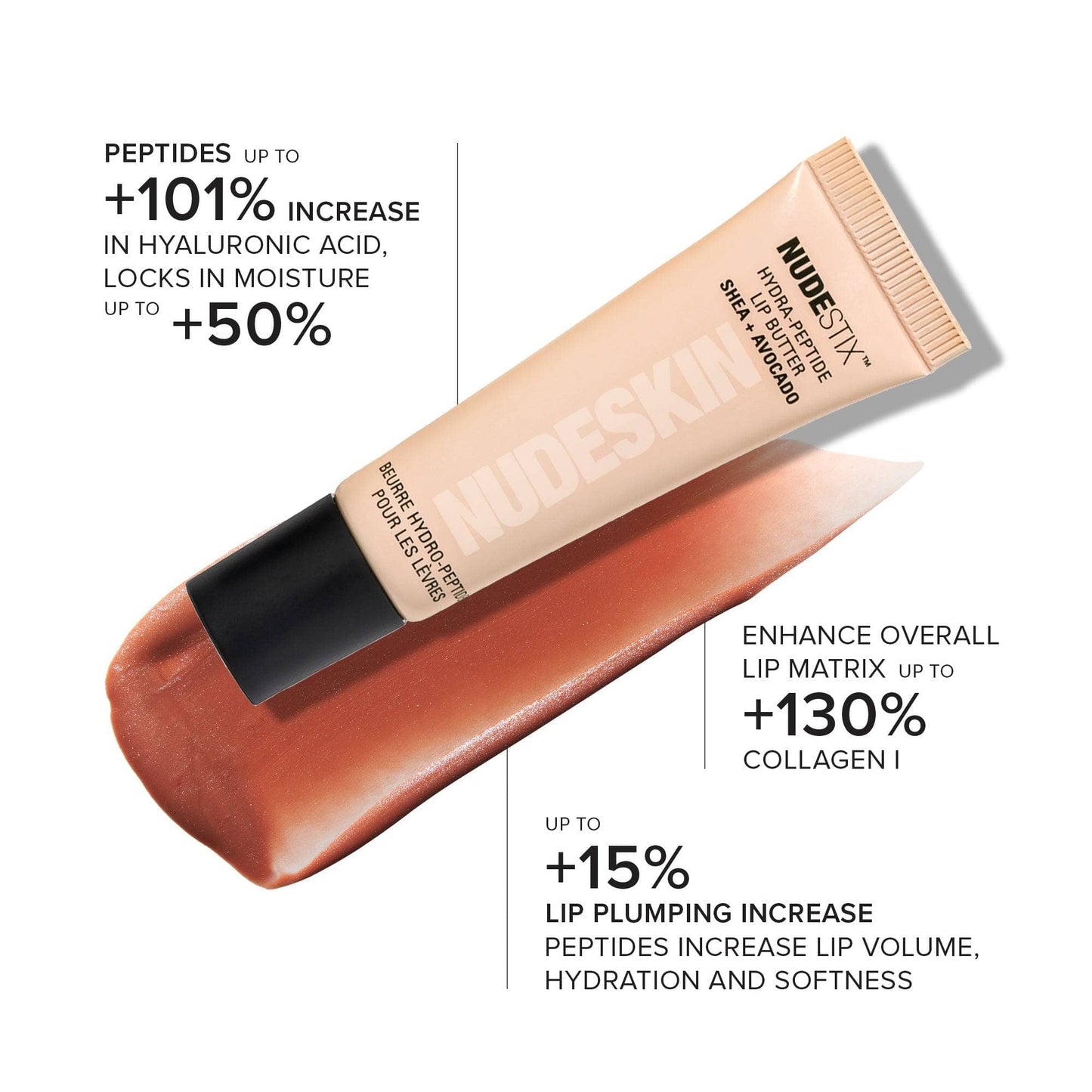 Hydra-Peptide Lip Butter in shade Dolce Nude with ingredient descriptions