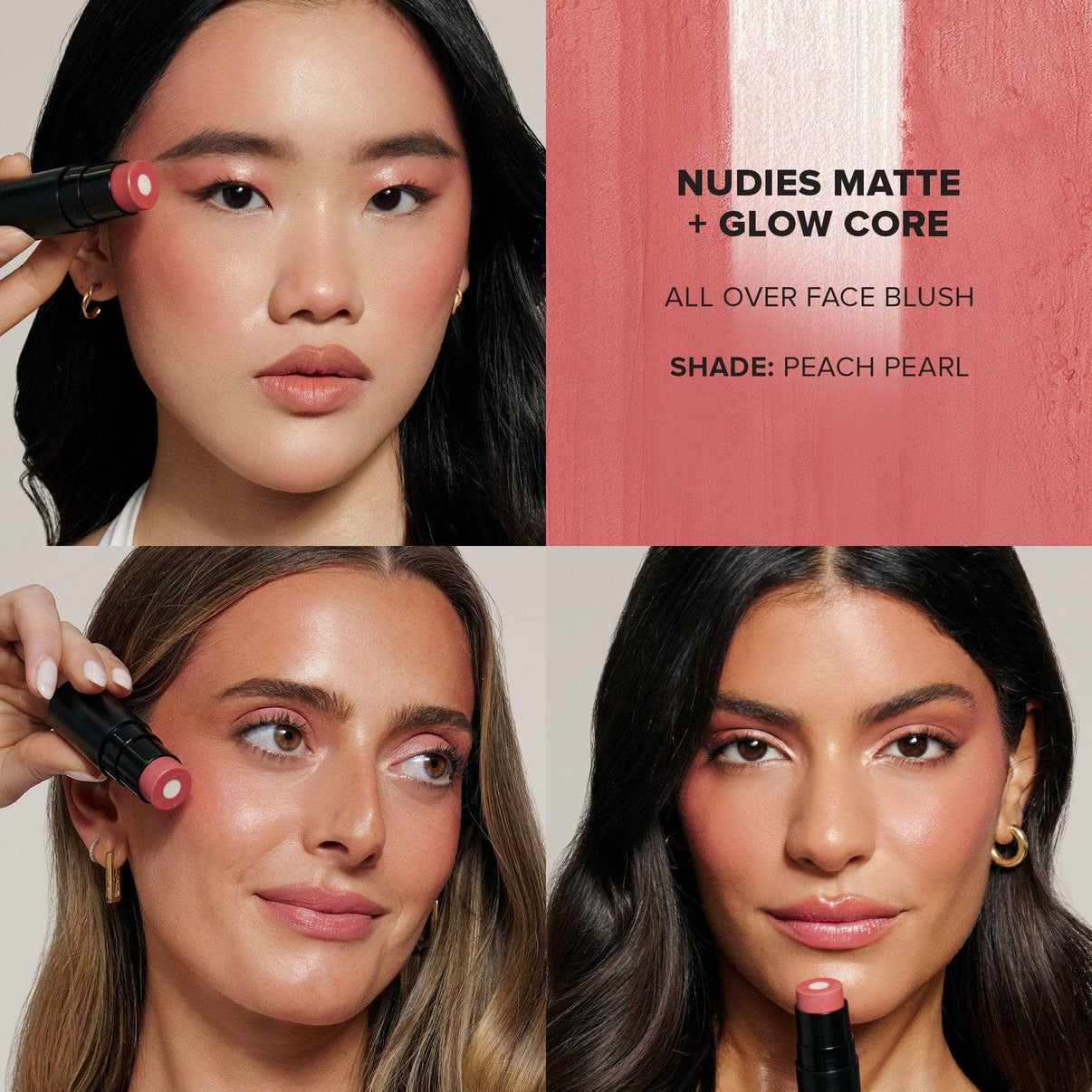 Grid with models wearing peach pearl from The Ultimate Blush & Glow Set