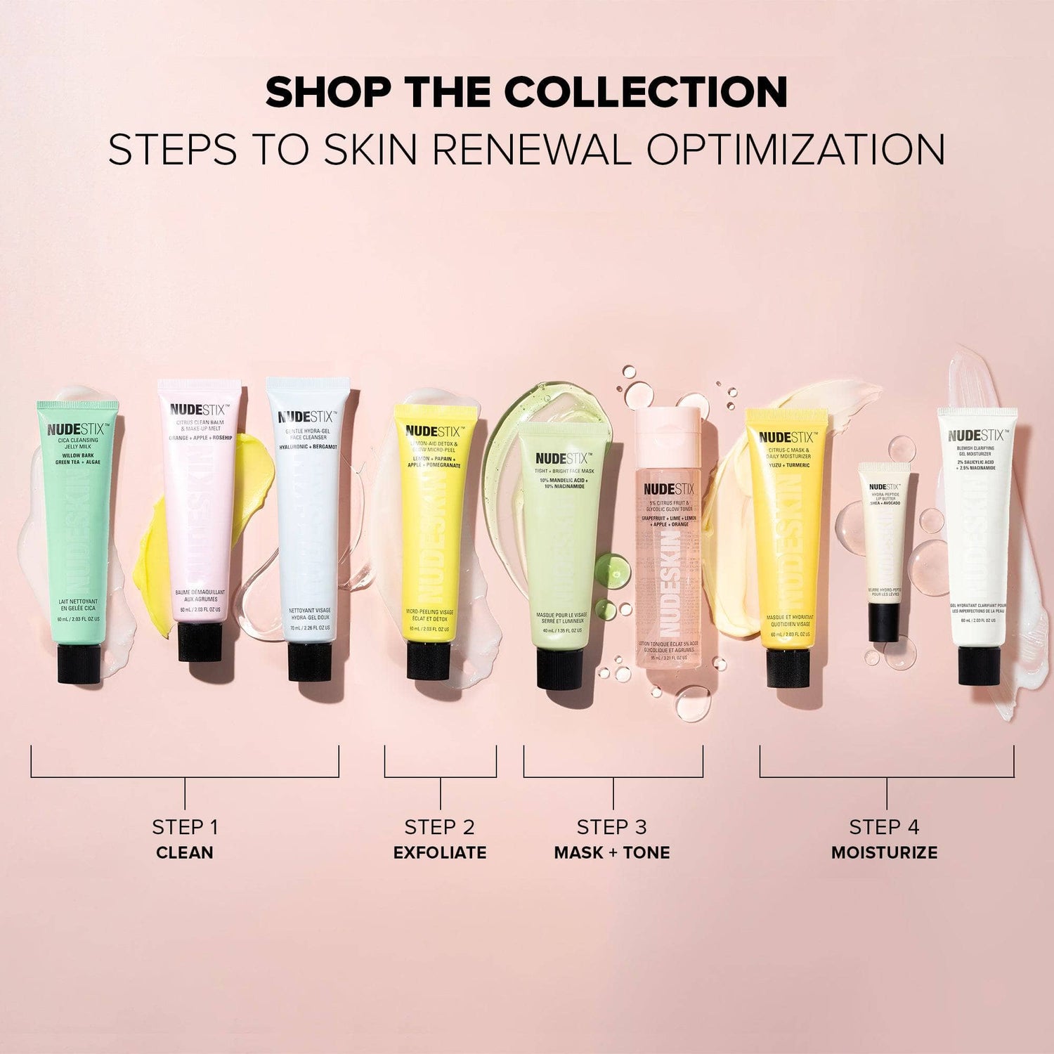 Flat lay of all Nudeskin's Skin Renewal Optimization products
