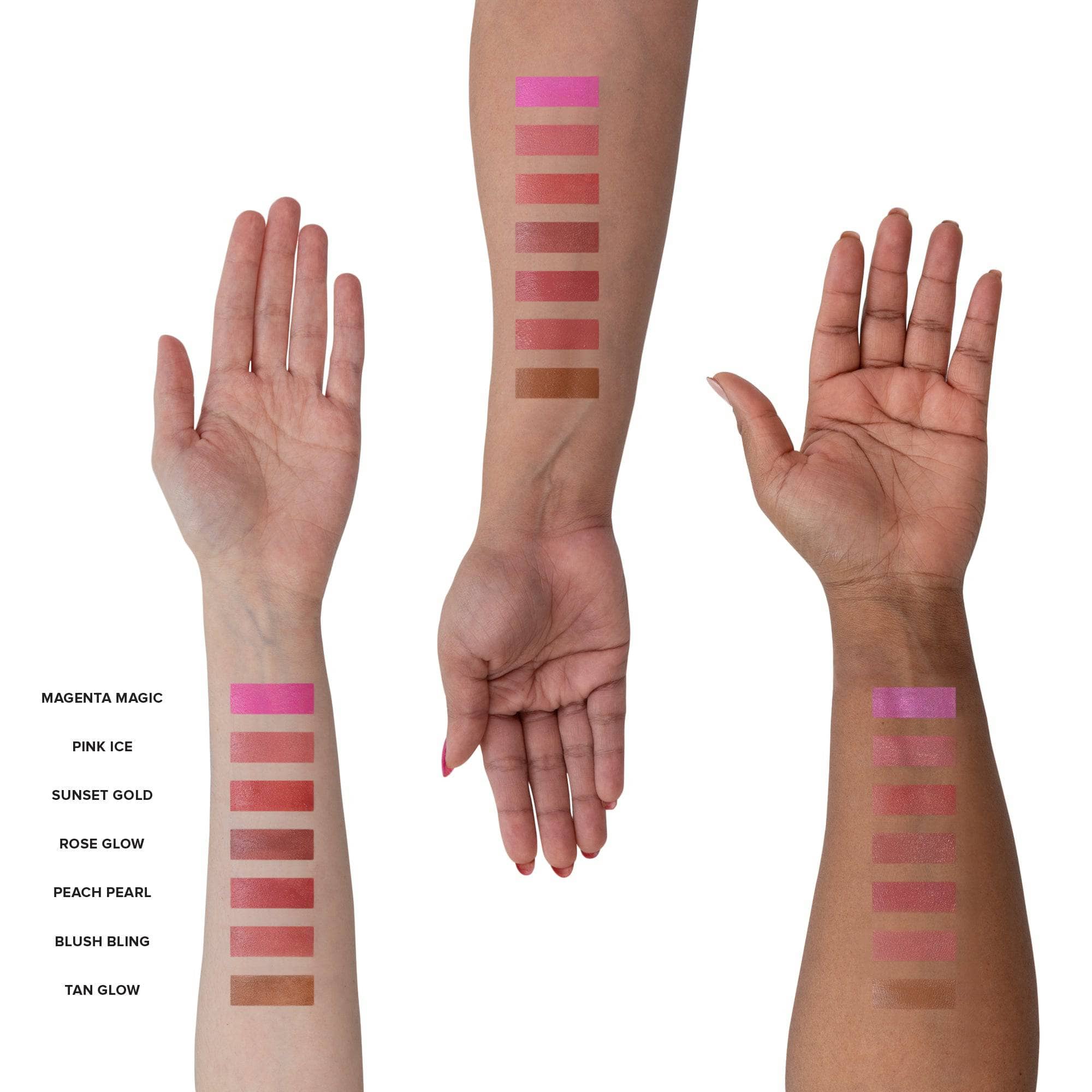 Three arms with different skin tones side by side with swatches of all Nudies Matte Glow Core shades