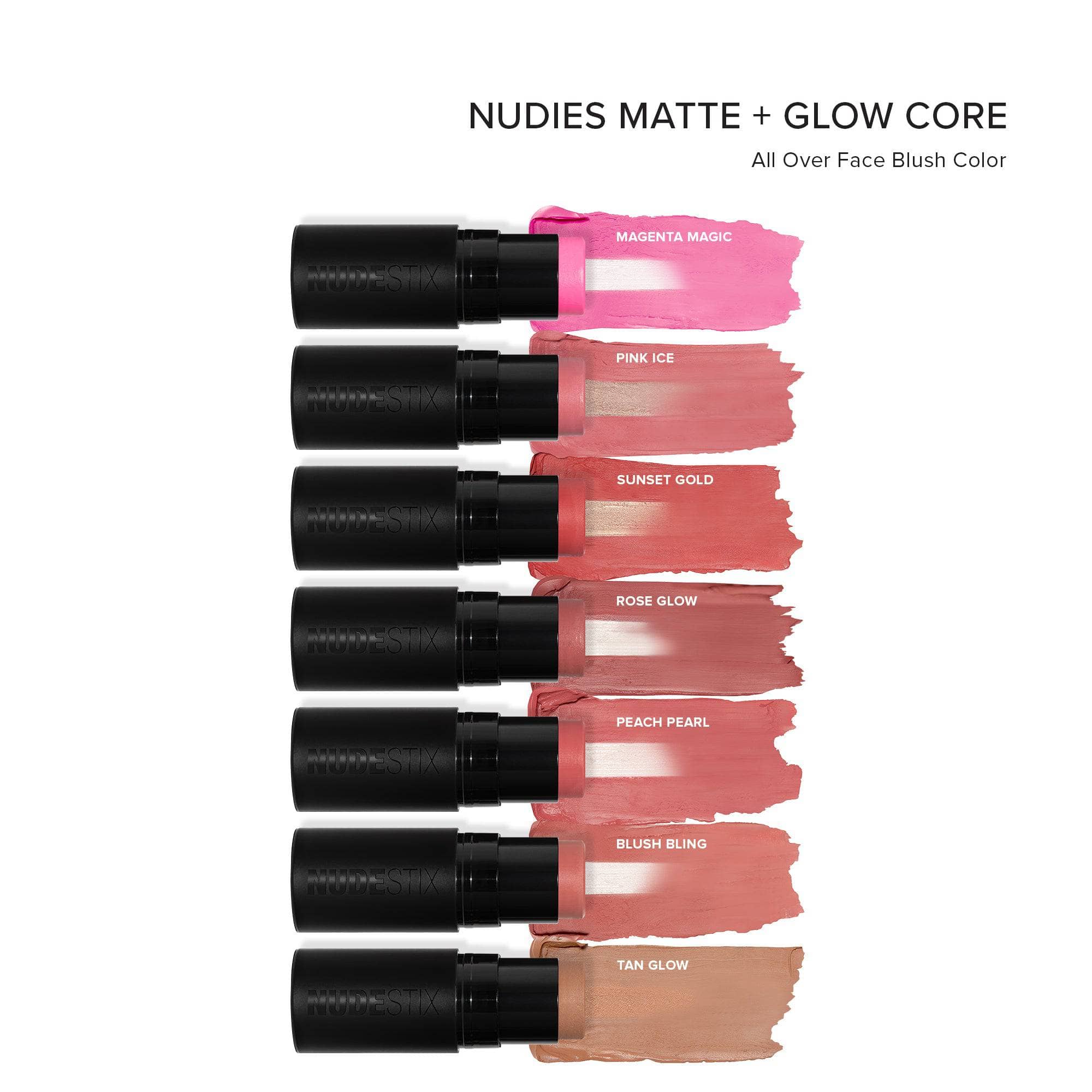 Nudies Matte Glow Core swatches with all shades