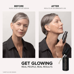 Woman before and after wearing Nude Glow Peptide Serum