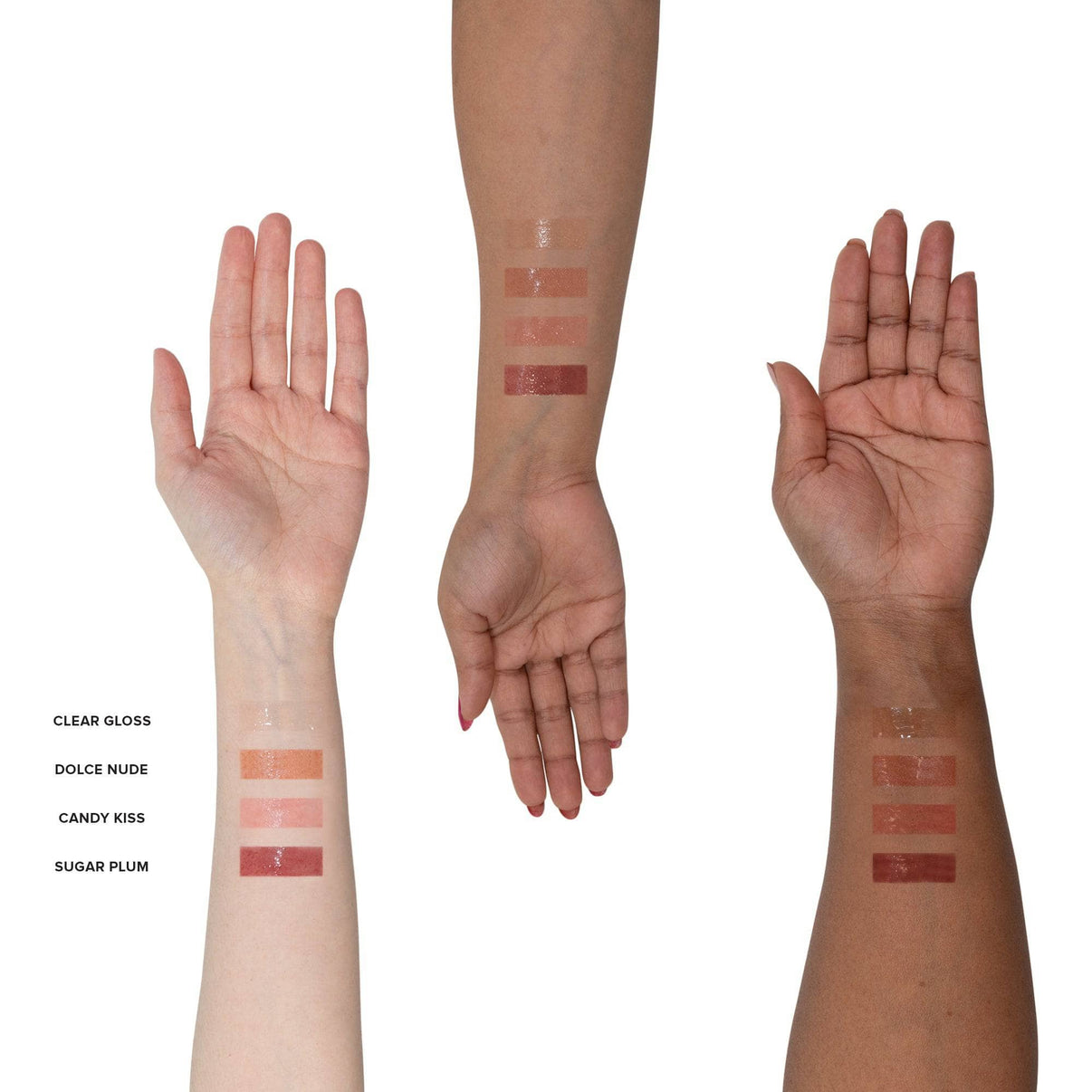 Three arms with Hydra-Peptide Lip Butter Dolce Nude texture swatches clear gloss