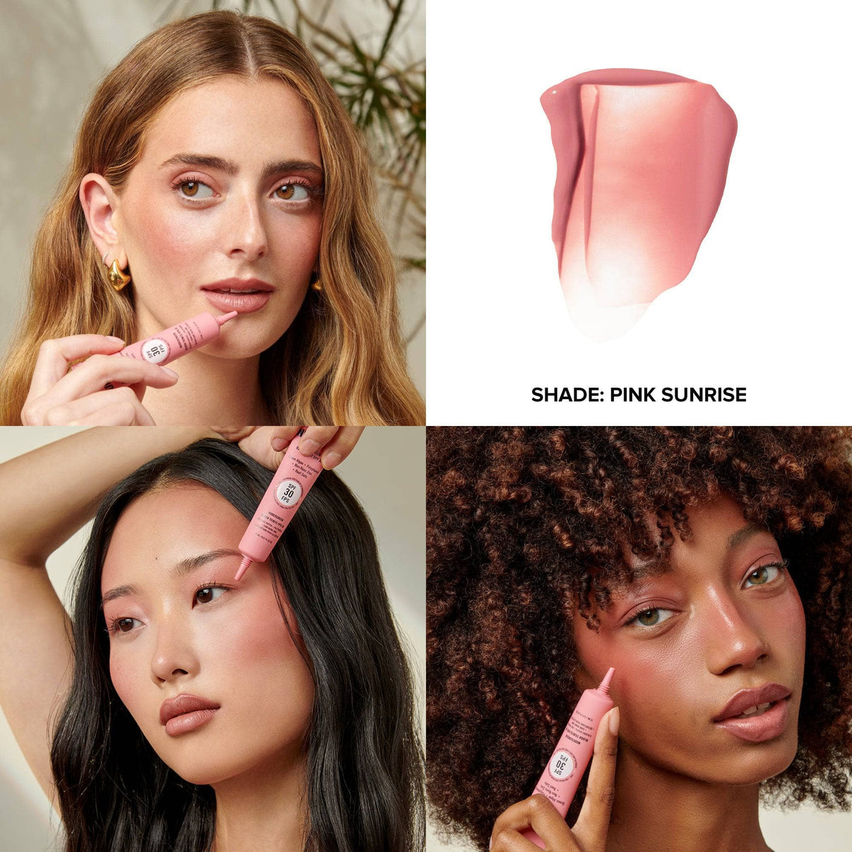 Grid with models applying Nudescreen blush tint in shade Pink Sunrise