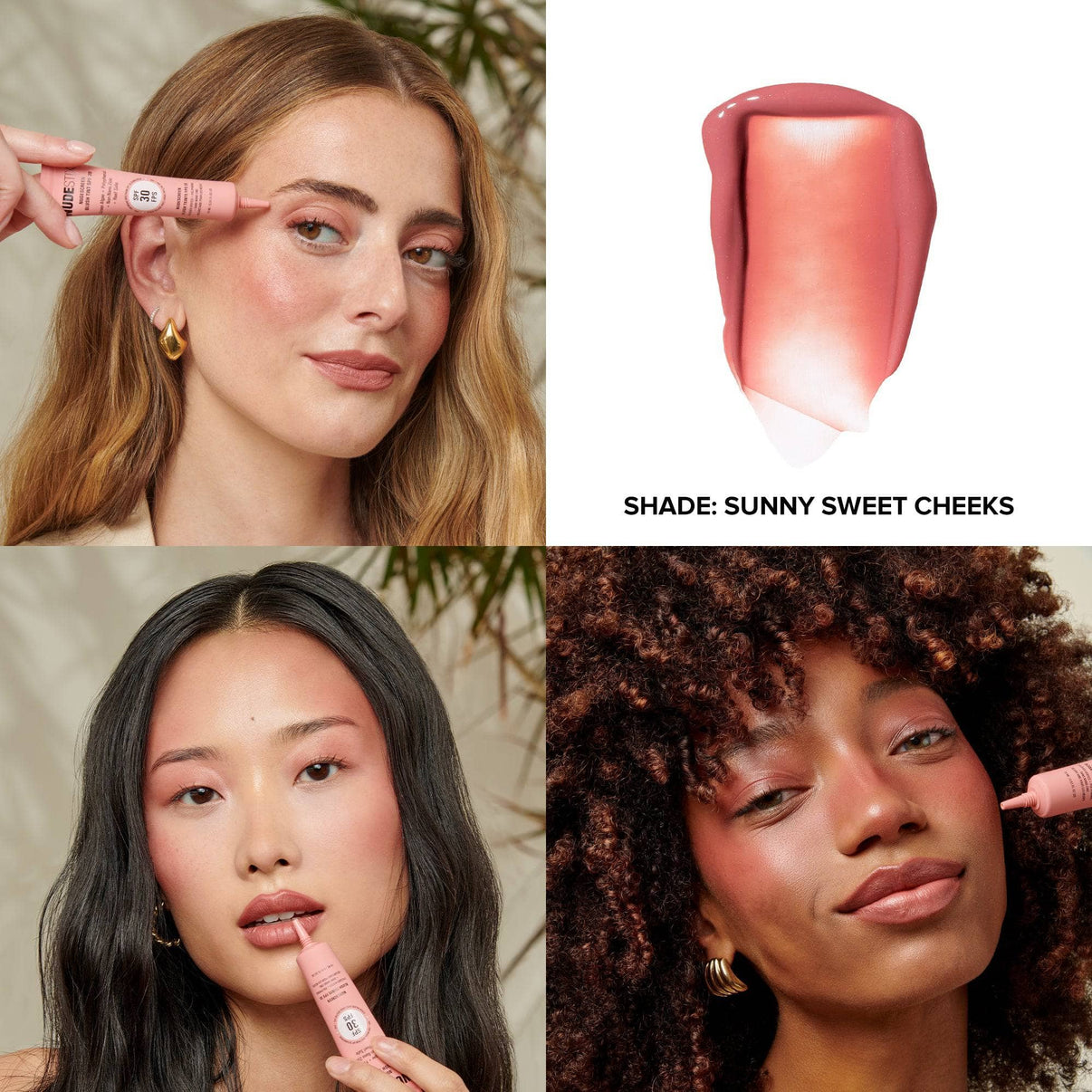 Grid with models wearing Nudescreen blush tint in shade Sunny Sweet Cheeks
