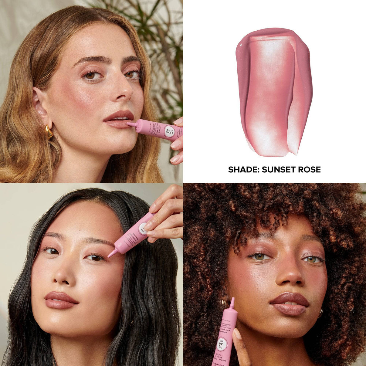 Three young women wearing Nudescreen Blush Tint in shade Sunset Rose and texture swatch - 4