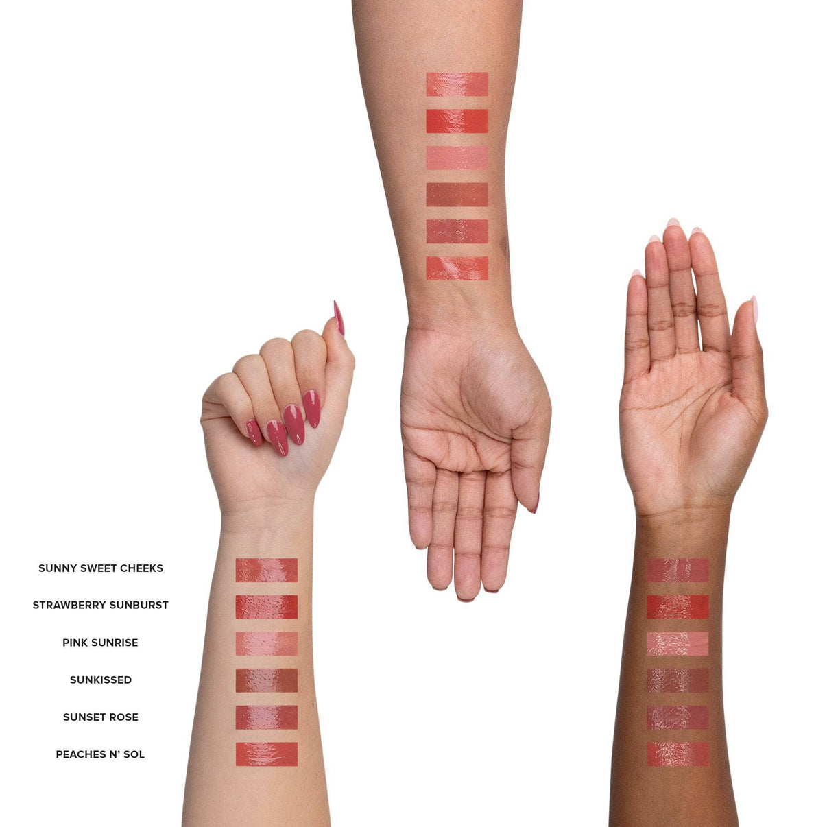 Arms with swatches of Nudescreen blush tint in shade PEACHES N' SOL