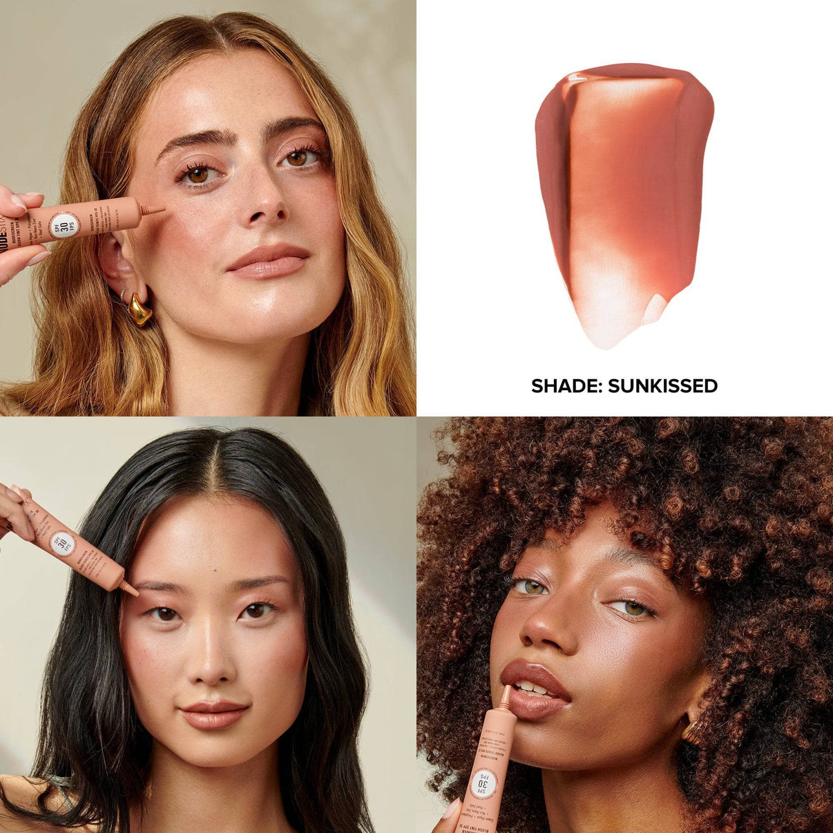 Grid with models applying Nudescreen blush tint in shade SUNKISSED