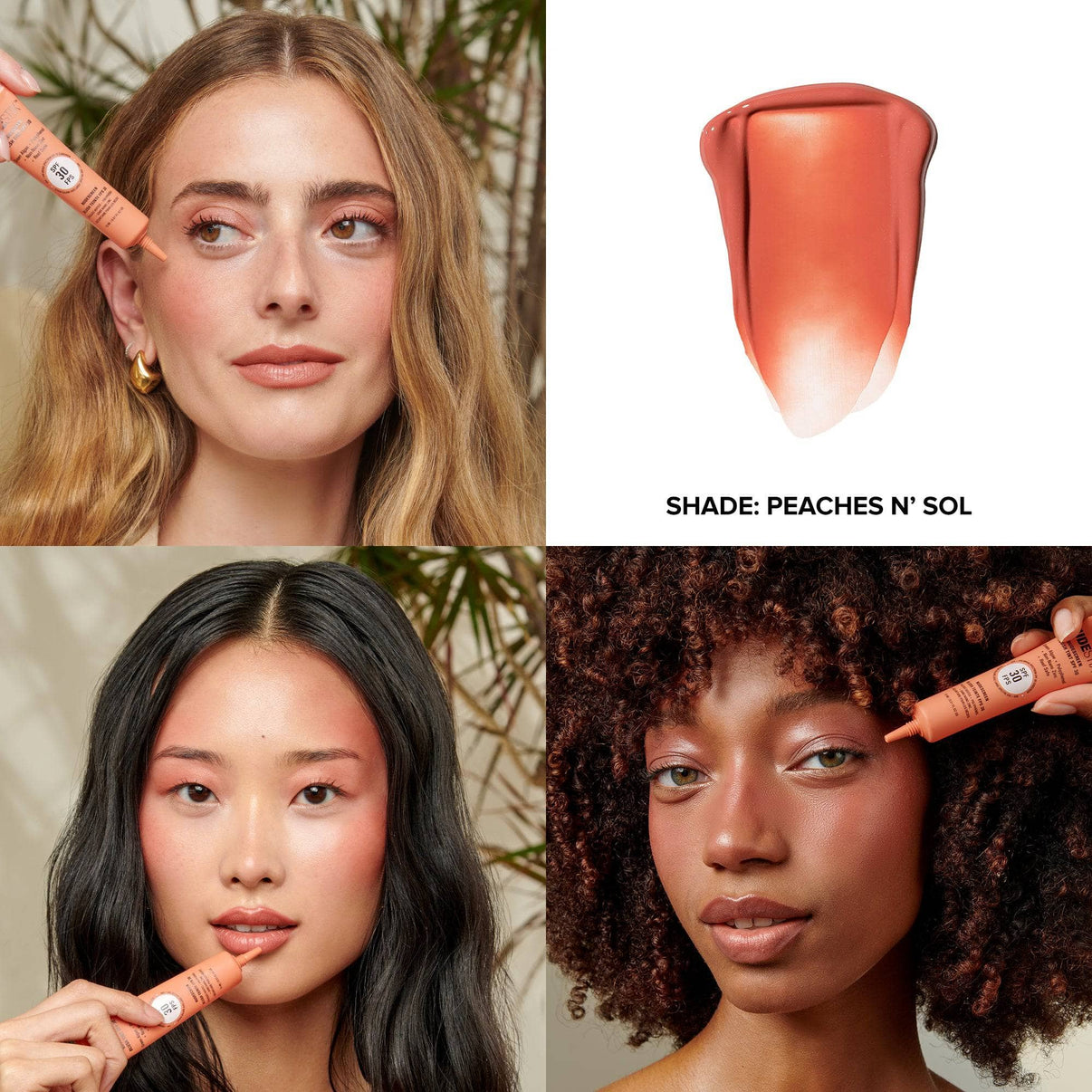 Grid with models wearing Nudescreen blush tint in shade PEACHES N' SOL