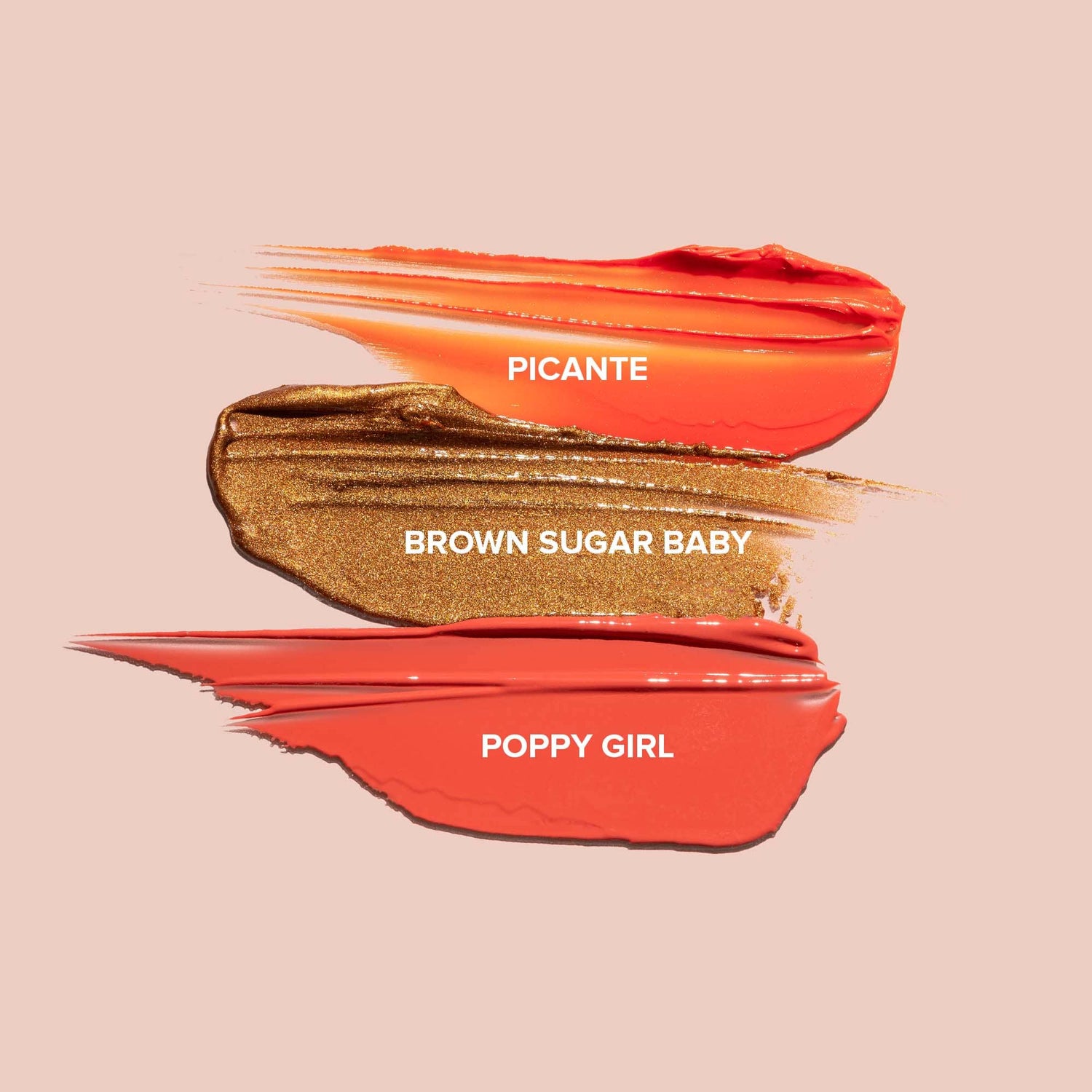 Texture swatches of Picante, Brown Sugar Baby and Poppy Girl from Baby Got Peach kit