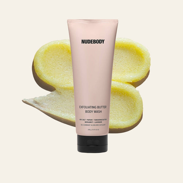 Exfoliating butter body wash with texture swatch