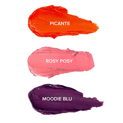 Picante, Rosy Posy and Moodie Blu texture swatches
