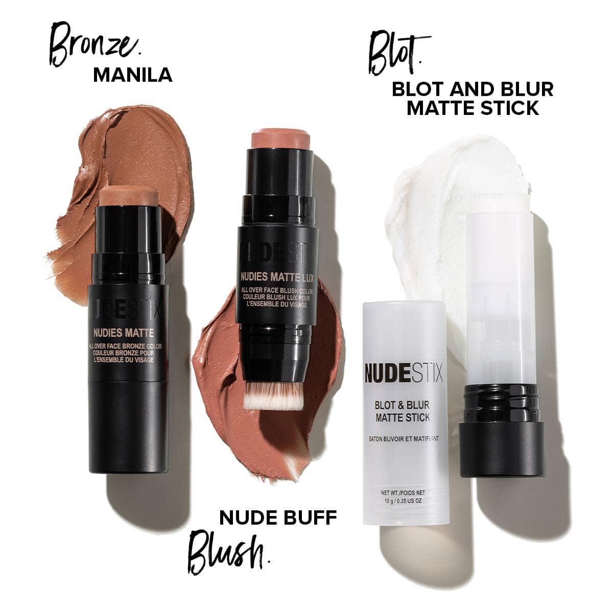 Bronze Manila, Blush Nude Buff, Blot and Blur Matte Stick flat lay