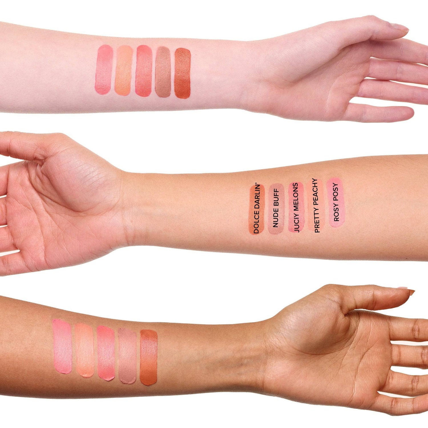 Arms in different skin tones with Nudies Matte Lux Dolce Darlin' swatch-7