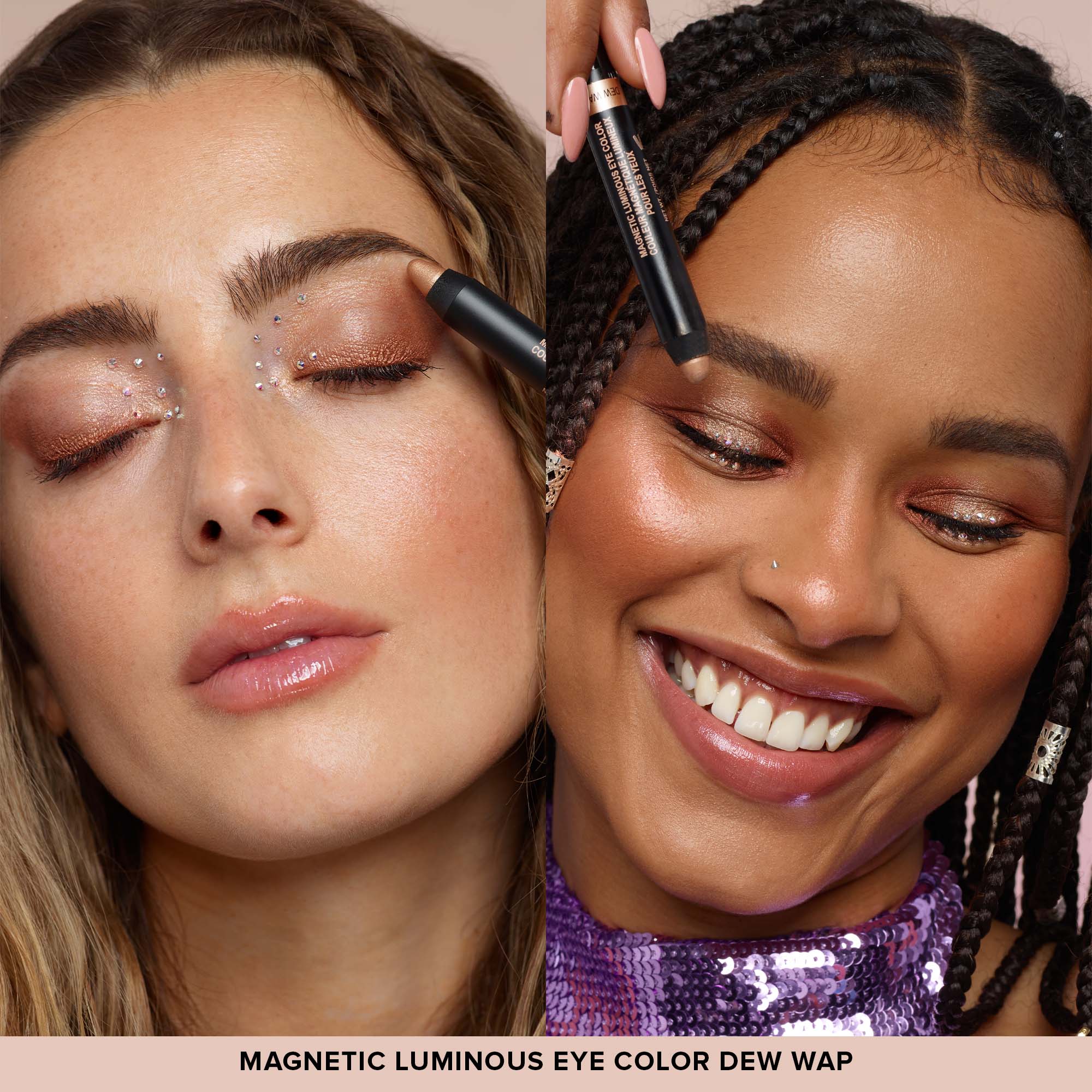 Two young women applying Magnetic Luminous Eye Color in shade Dew Wap
