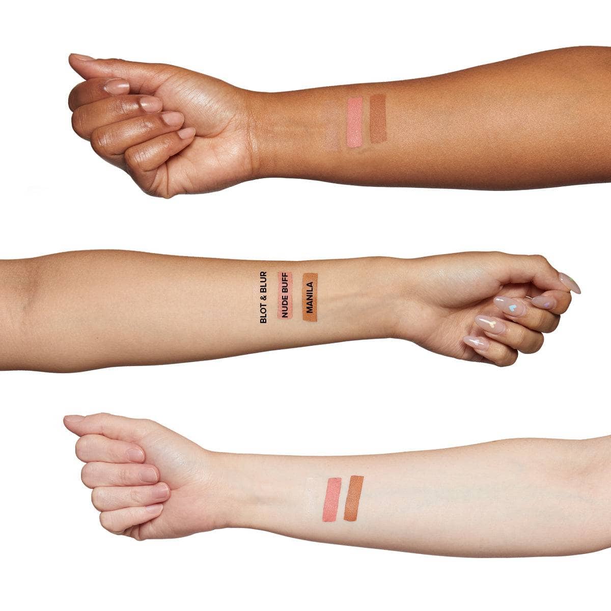 Arms in different skin tones with No Edit, No Filter, Just Glam swatches