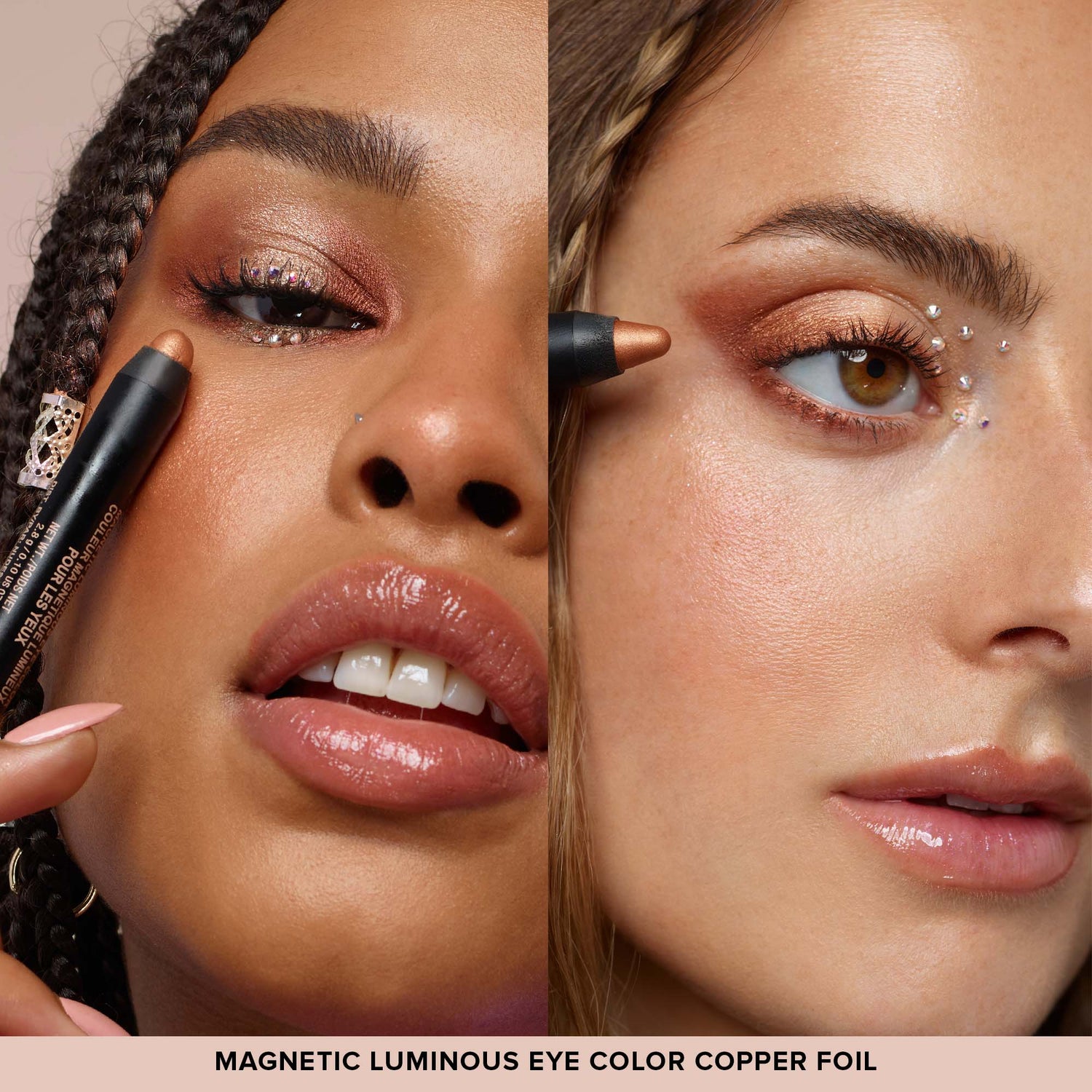 Two young women applying Magnetic Luminous Eye Color in shade Copper Foil