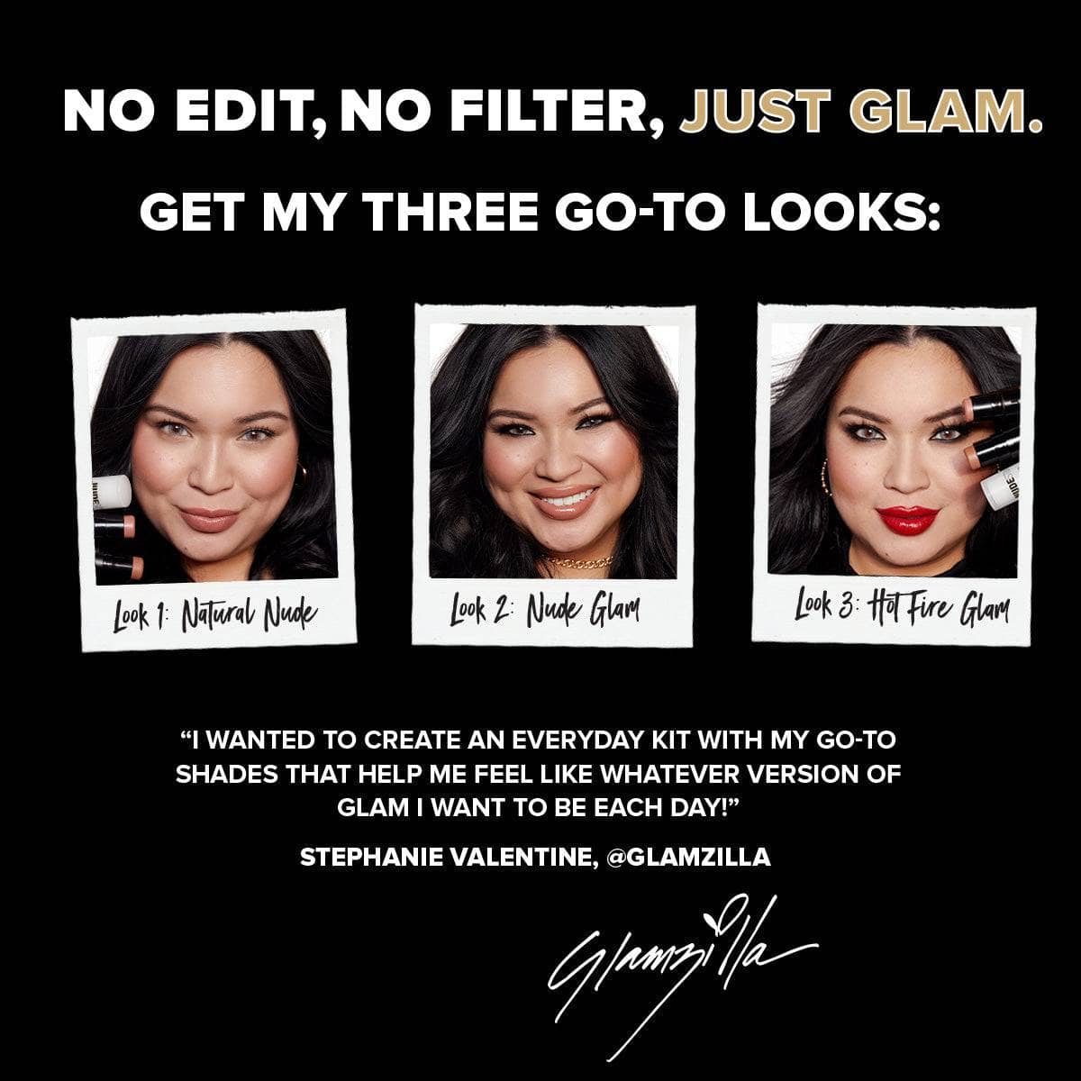 Three different makeup looks by Glamzilla with No Edit, No Filter, Just Glam kit