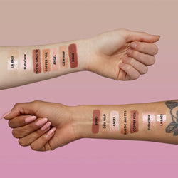 Two arms with swatches of all shades in Euphoric Nudes Palette