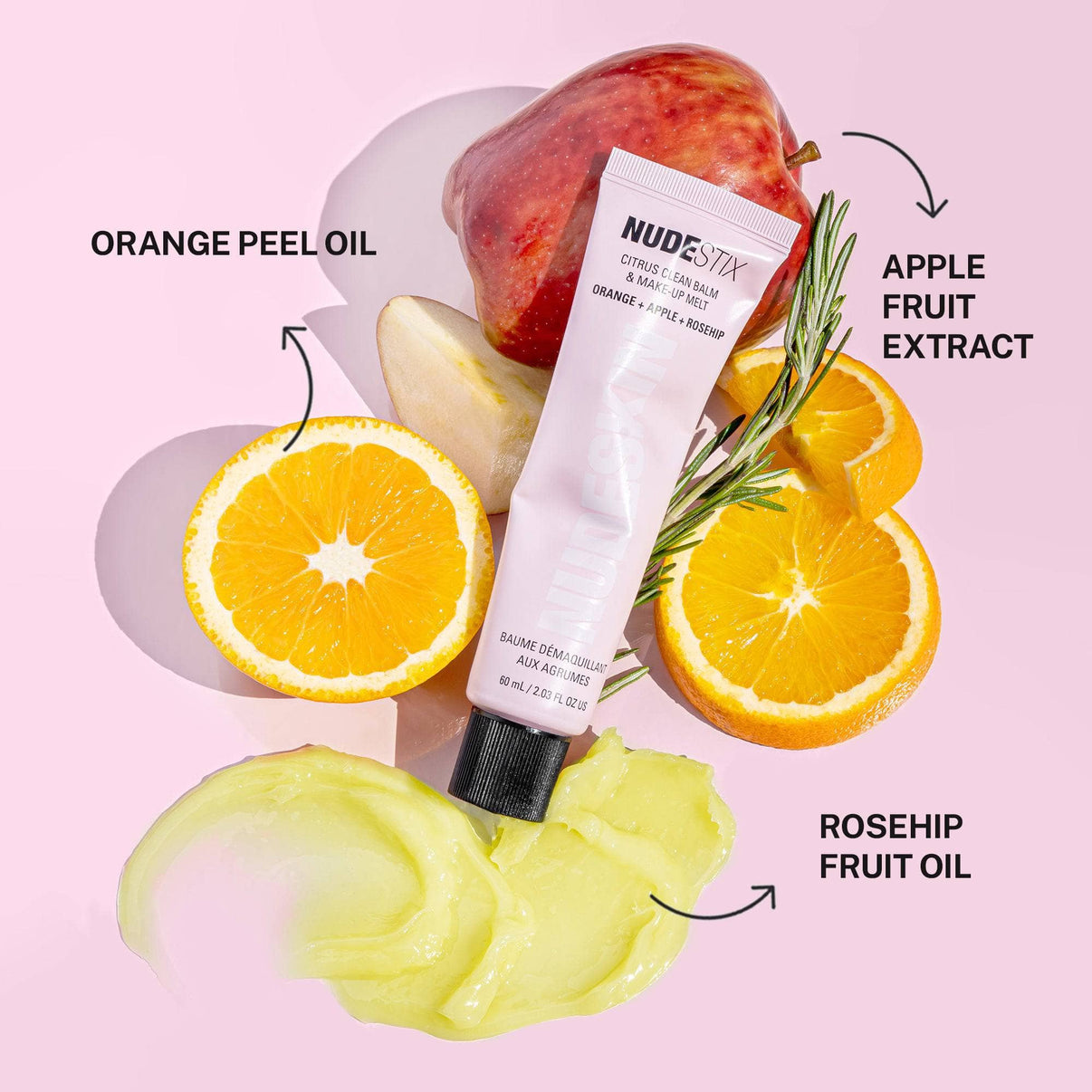 CITRUS CLEAN BALM & MAKE-UP MELT flat lay with apple, orange and rosehip fruit oil
