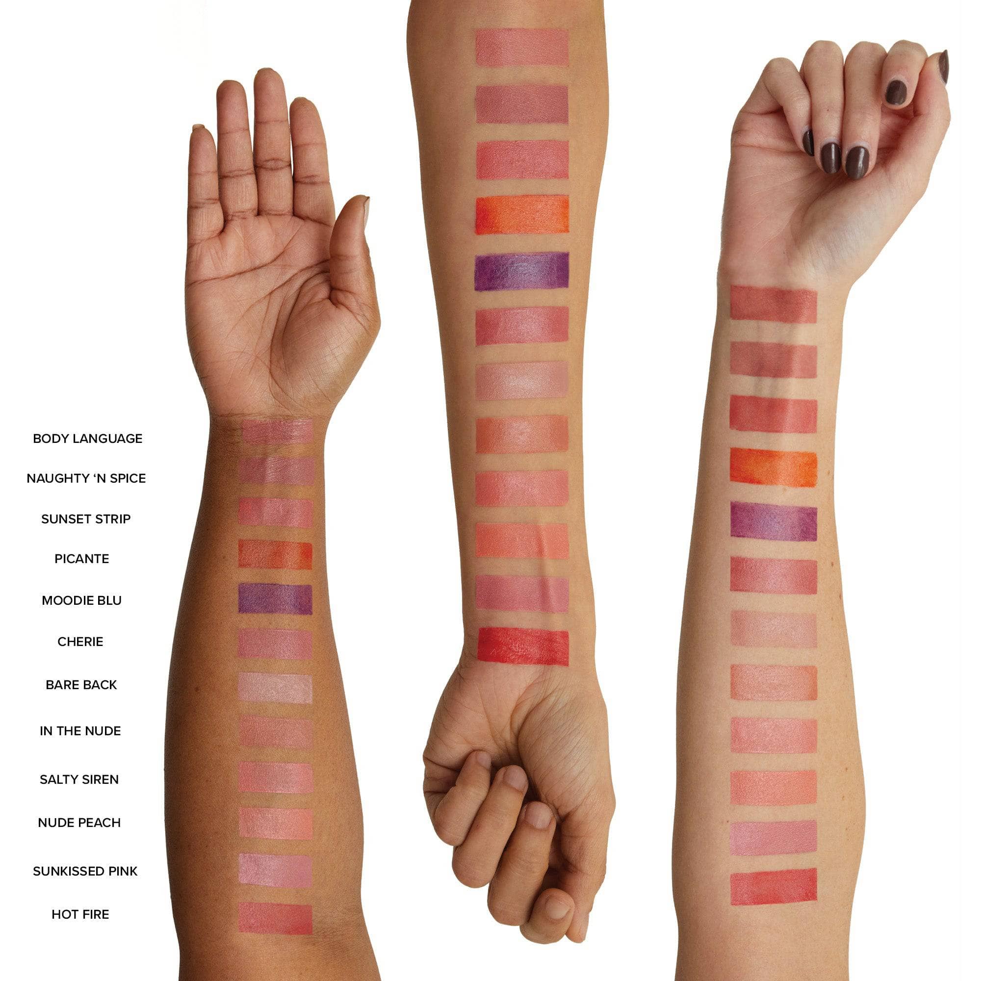 Arms with swatches of all Nudies Blush Stick shades