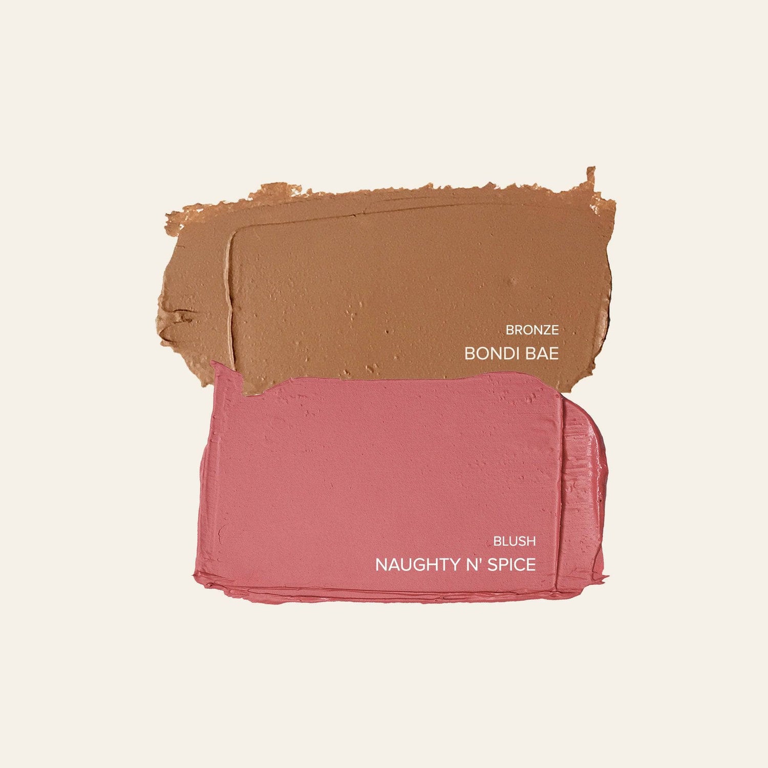 texture swatches of bronzer in shade Bondi Bae and blush in shade Naughty N' Spice