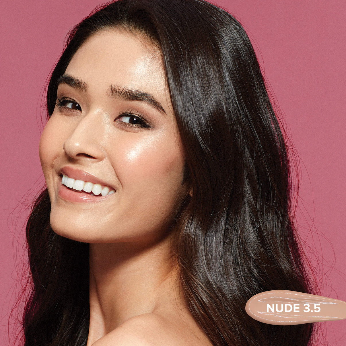 Young woman wearing Tinted Cover Liquid Foundation in shade nude 3.5